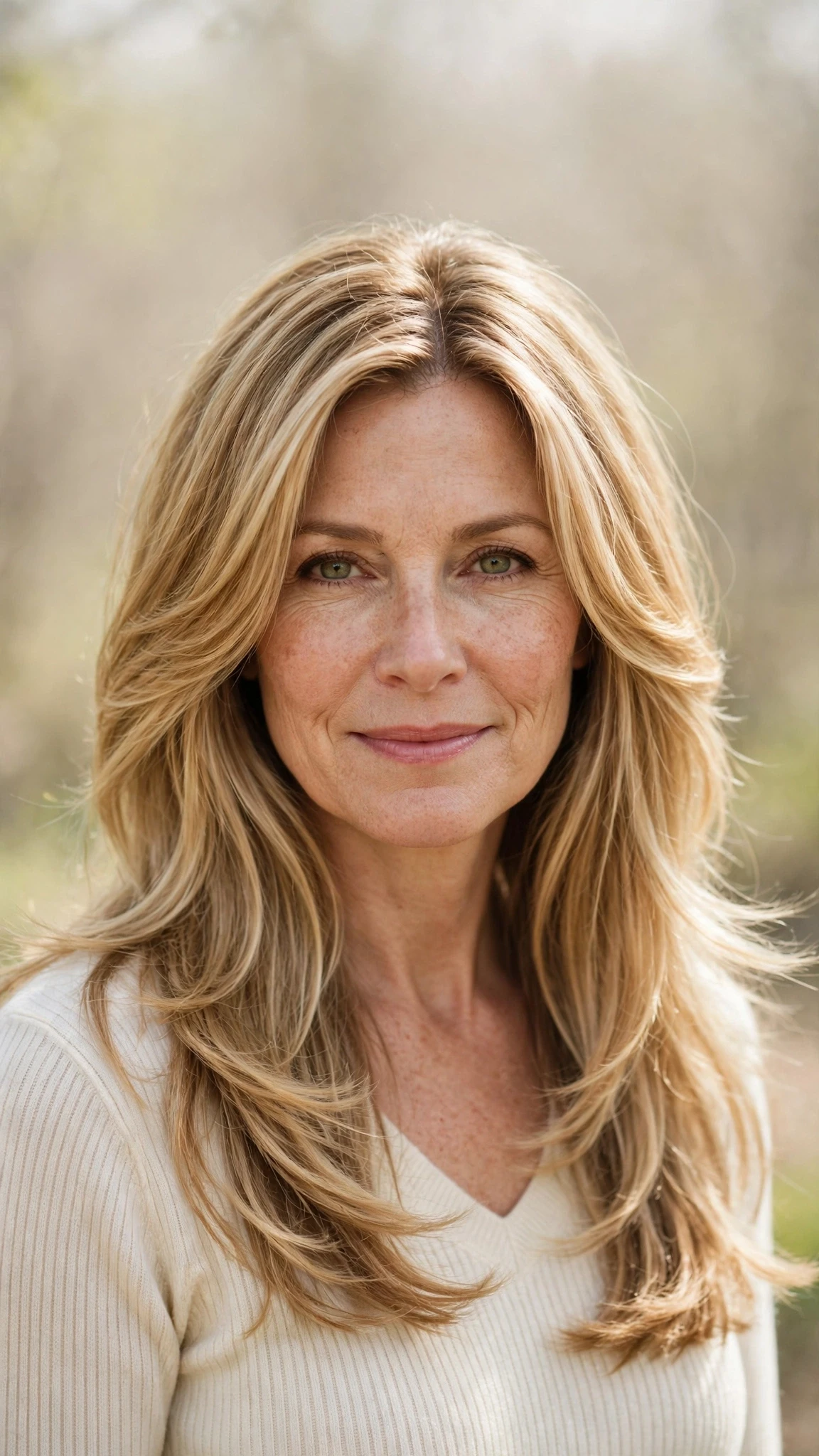 Long Layered Hairstyles For Spring With A Centre Part With Delicate Natural Movement, Blunt Ends With Soft Layers And Honey Blonde Shine
