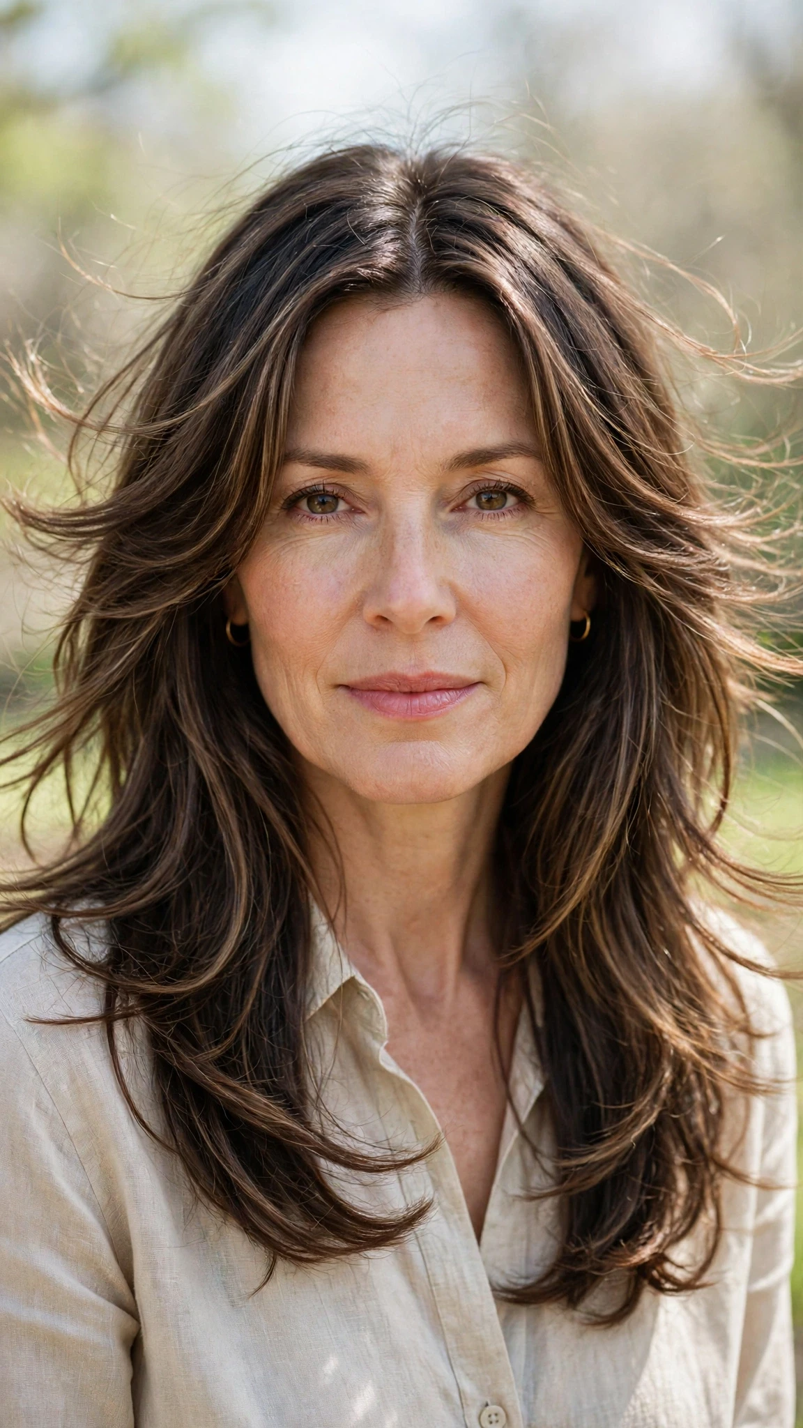 Long Layered Hairstyles For Spring With A Centre Part With Airy Feathered Movement, Curtain Pieces And A Glossy Shine Finish
