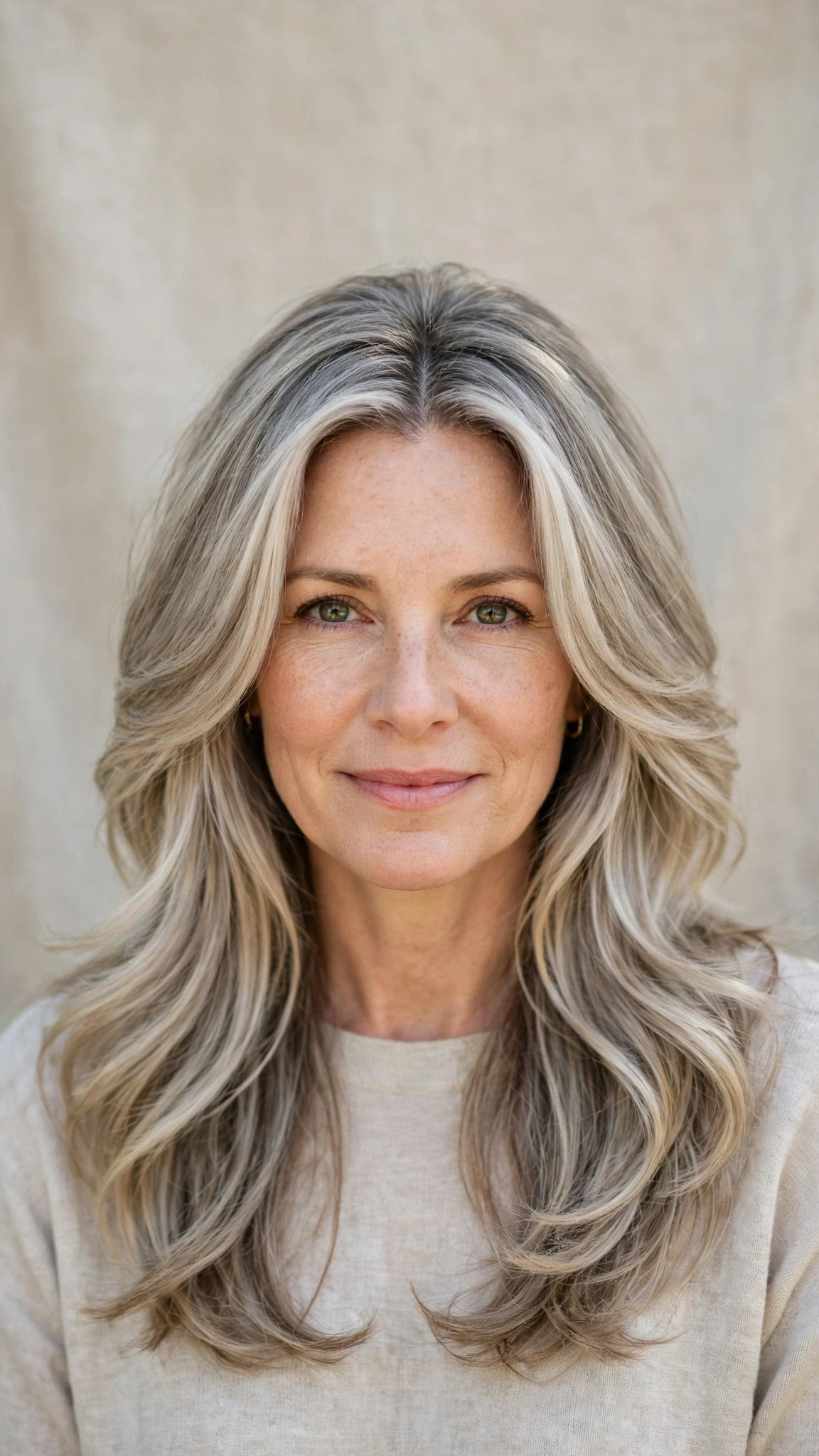 Long Layered Hairstyles For Spring With A Centre Part With Bouncy Volume At The Roots, Graduated Layers And Cool Ash Softness
