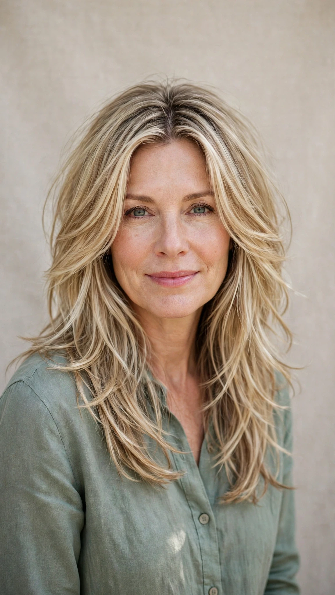 Long Layered Hairstyles For Spring With A Centre Part With Gentle Tousled Texture, A Layered Shape That Moves And Delicate Blonde Dimension