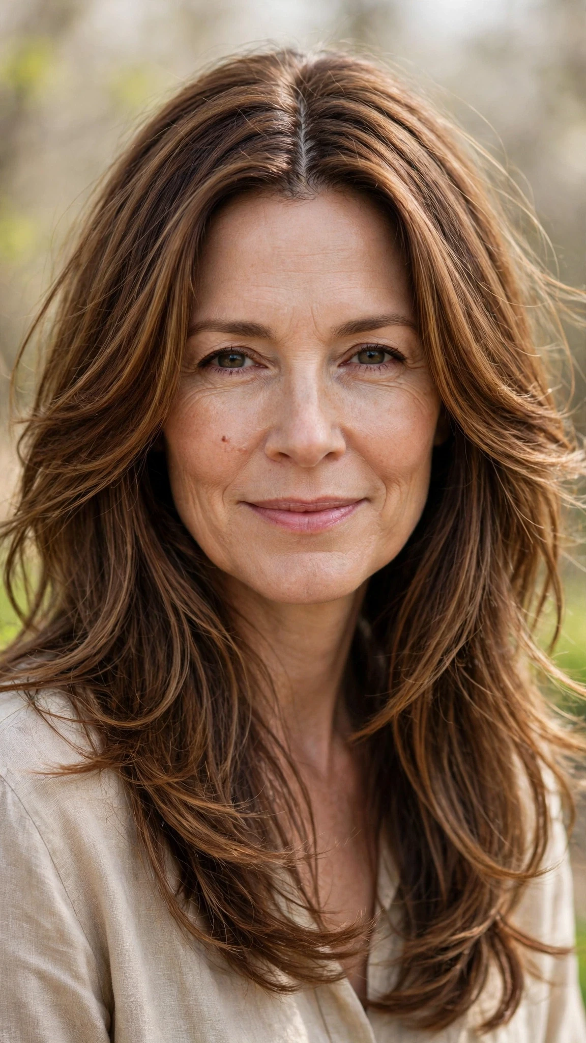 Long Layered Hairstyles For Spring With A Centre Part With Airy Feathered Movement, Subtle Internal Layers And Warm Chestnut Warmth