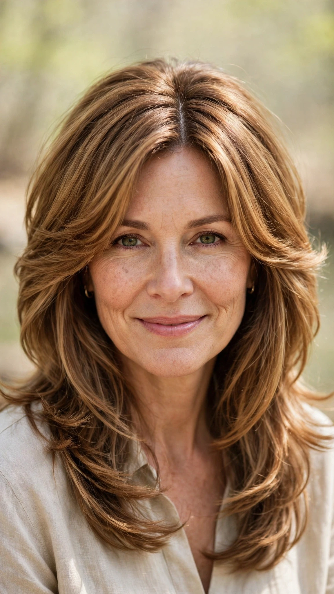 Long Layered Hairstyles For Spring With A Centre Part With Bouncy Volume At The Roots, A Soft Side-Swept Fringe And Warm Caramel Tones