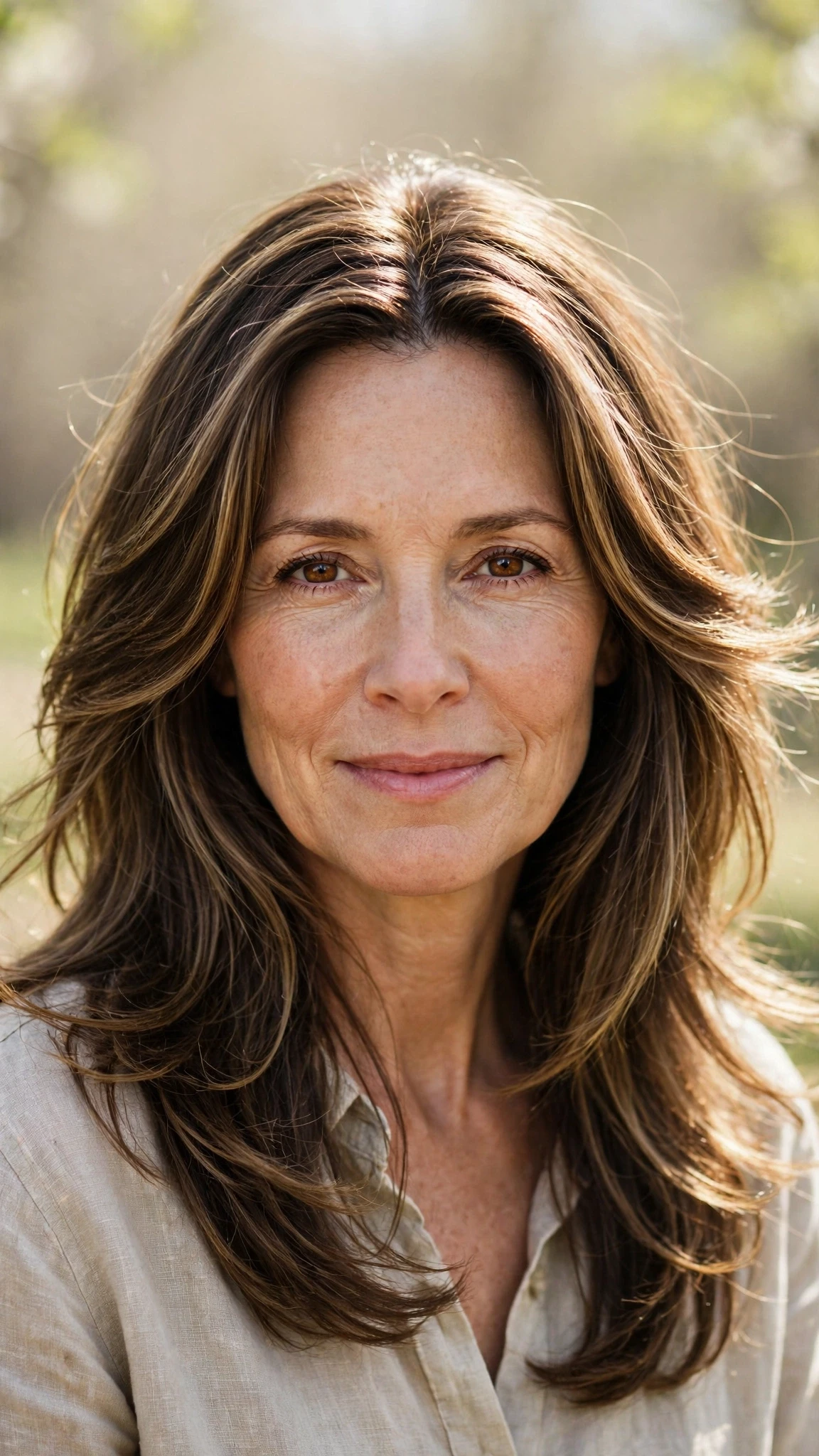 Long Layered Hairstyles For Spring With A Centre Part With Delicate Natural Movement, A Centre Part With Soft Layers And Sunlit Dimension