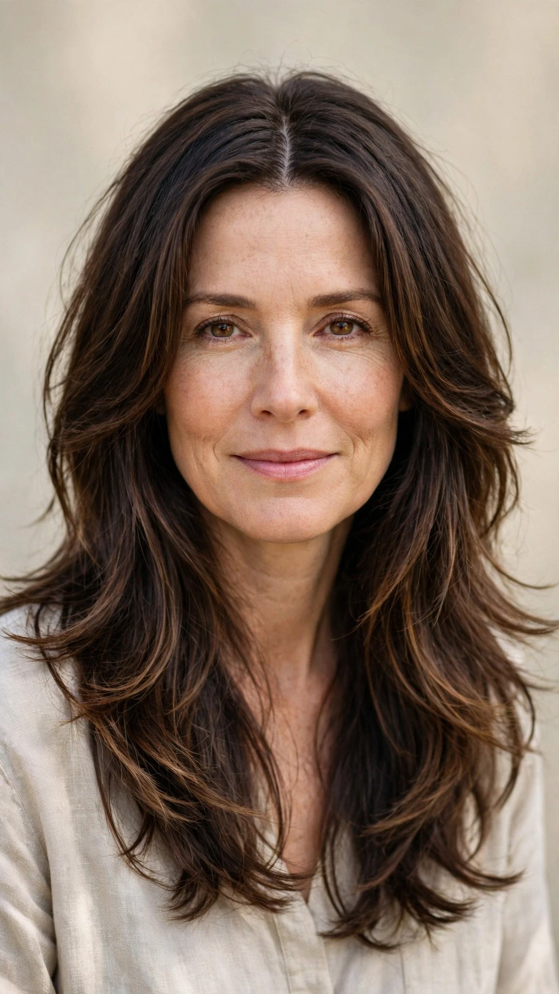 Long Layered Hairstyles For Spring With A Centre Part With Gentle Tousled Texture, Feathered Ends And Natural Brunette Depth
