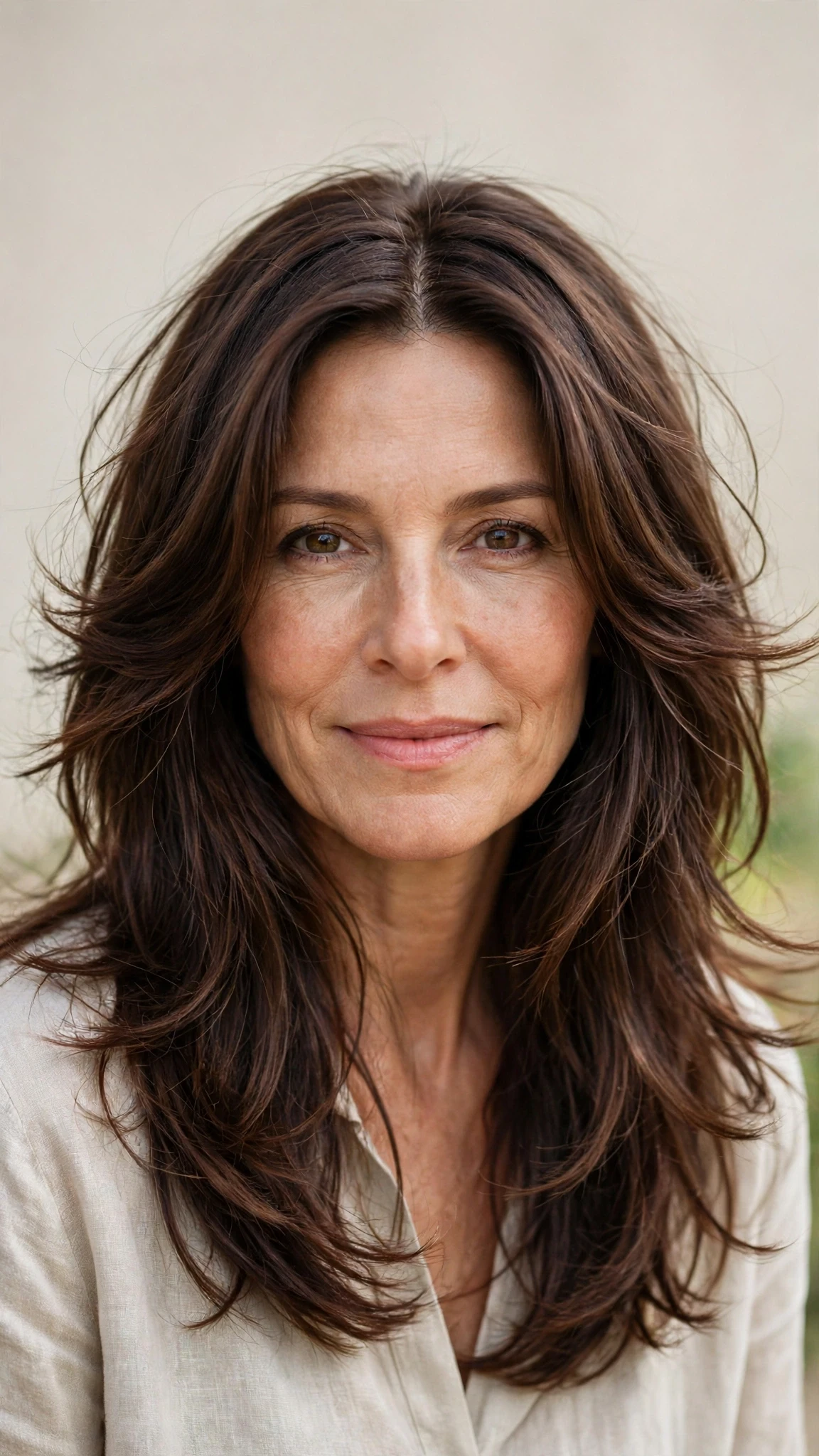 Long Layered Hairstyles For Spring With A Centre Part With Airy Feathered Movement, Wispy Pieces Around The Face And Rich Chocolate Depth