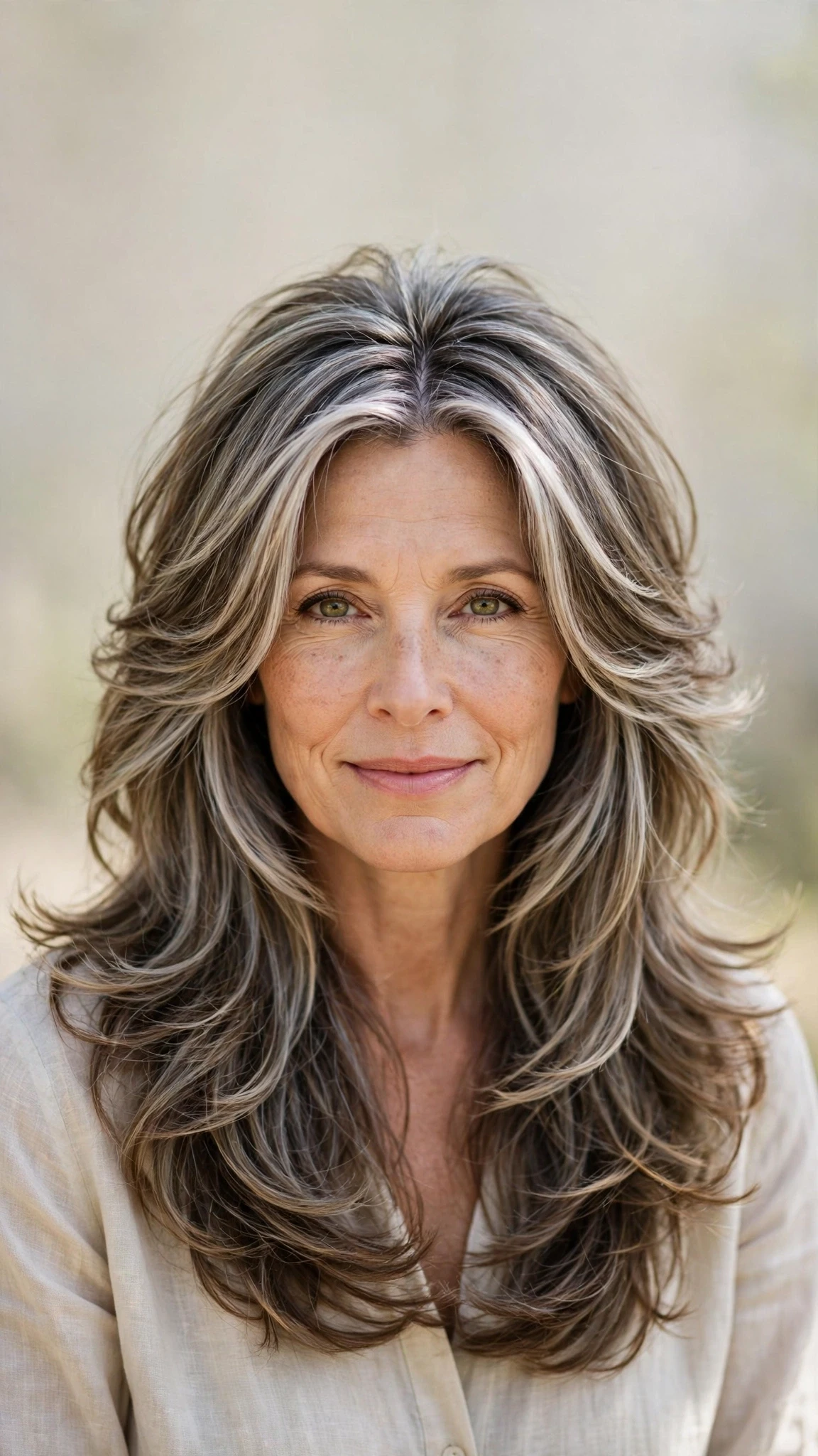 Long Layered Hairstyles For Spring With A Centre Part With Bouncy Volume At The Roots, Face-Framing Layers And Silver-Blended Brightness
