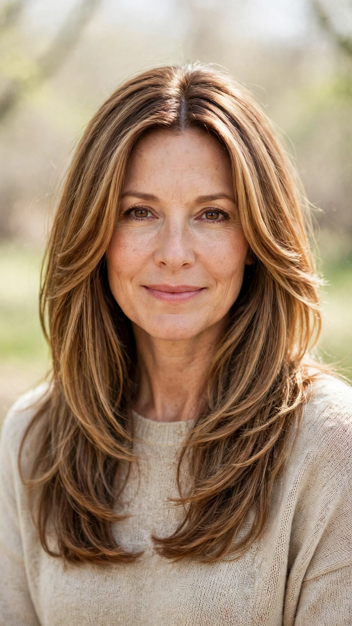 Long Layered Hairstyles For Spring With A Centre Part With Delicate Natural Movement, Blunt Ends With Soft Layers And Warm Caramel Tones