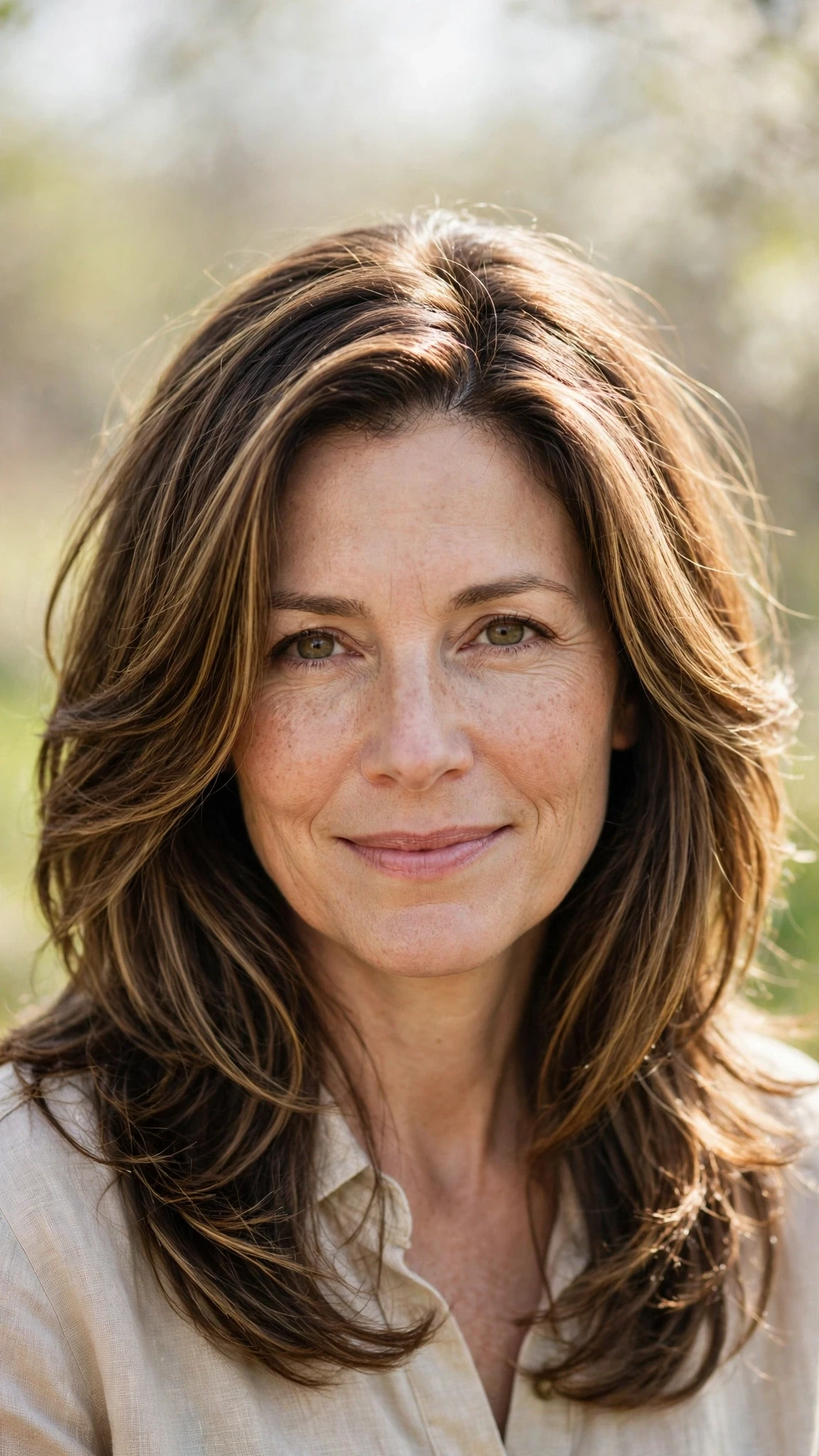 Long Layered Hairstyles For Spring With A Centre Part With Gentle Tousled Texture, A Deep Side Part And Sunlit Dimension