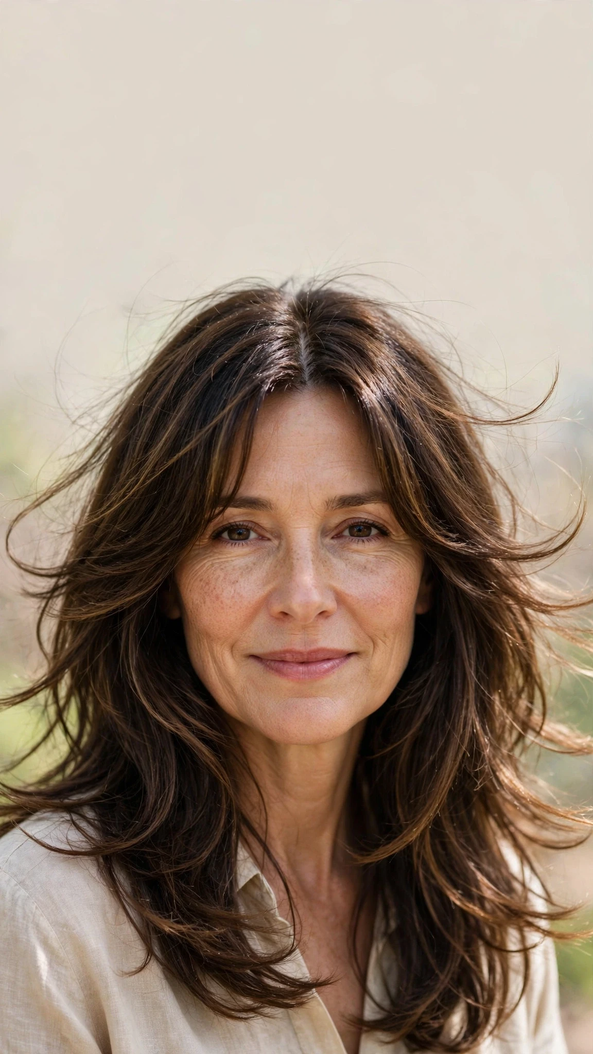 Long Layered Hairstyles For Spring With A Centre Part With Airy Feathered Movement, Curtain Pieces And Natural Brunette Depth