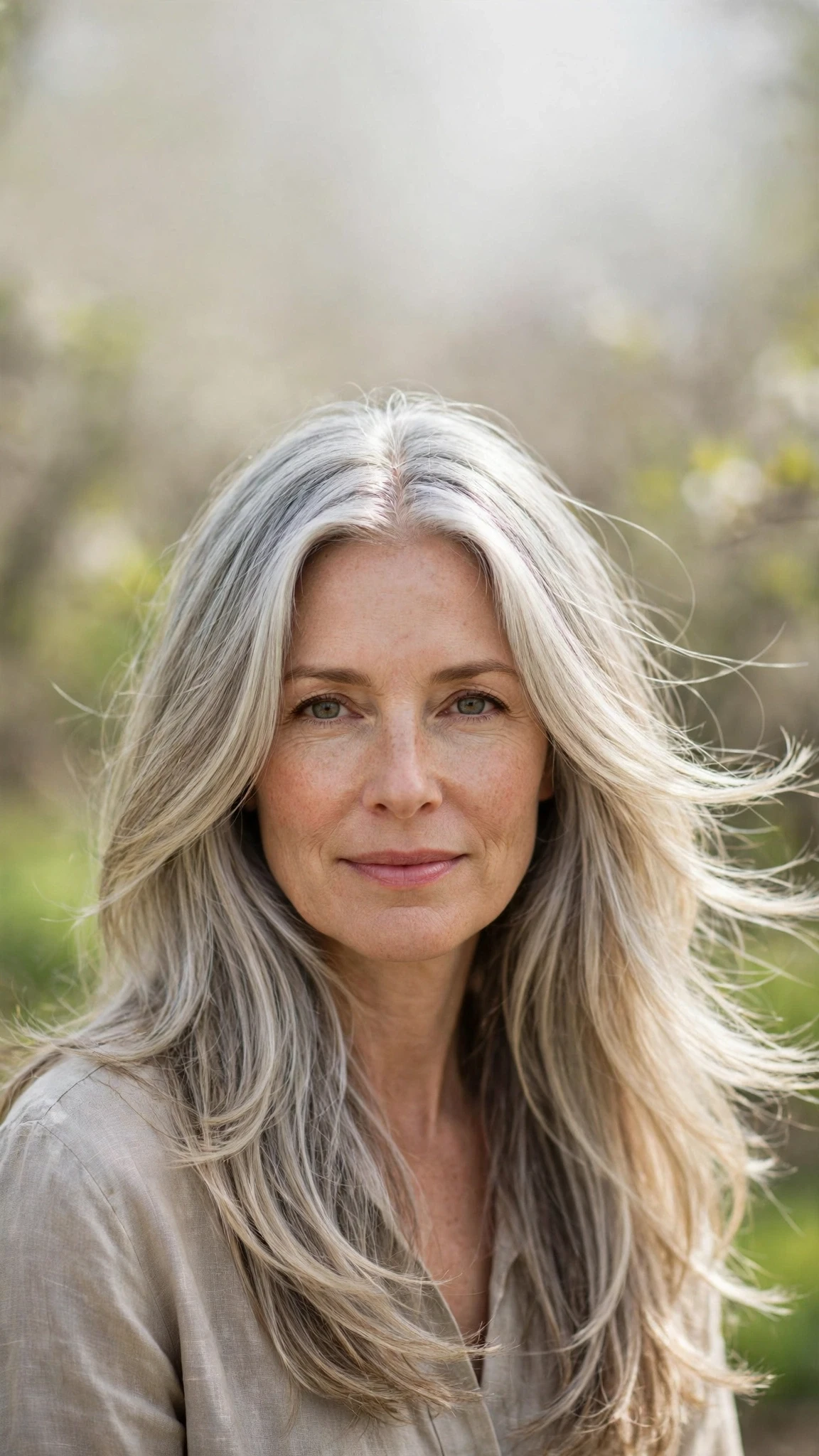 Long Layered Hairstyles For Spring With A Centre Part With Delicate Natural Movement, Long Soft Layers And Silver-Blended Brightness