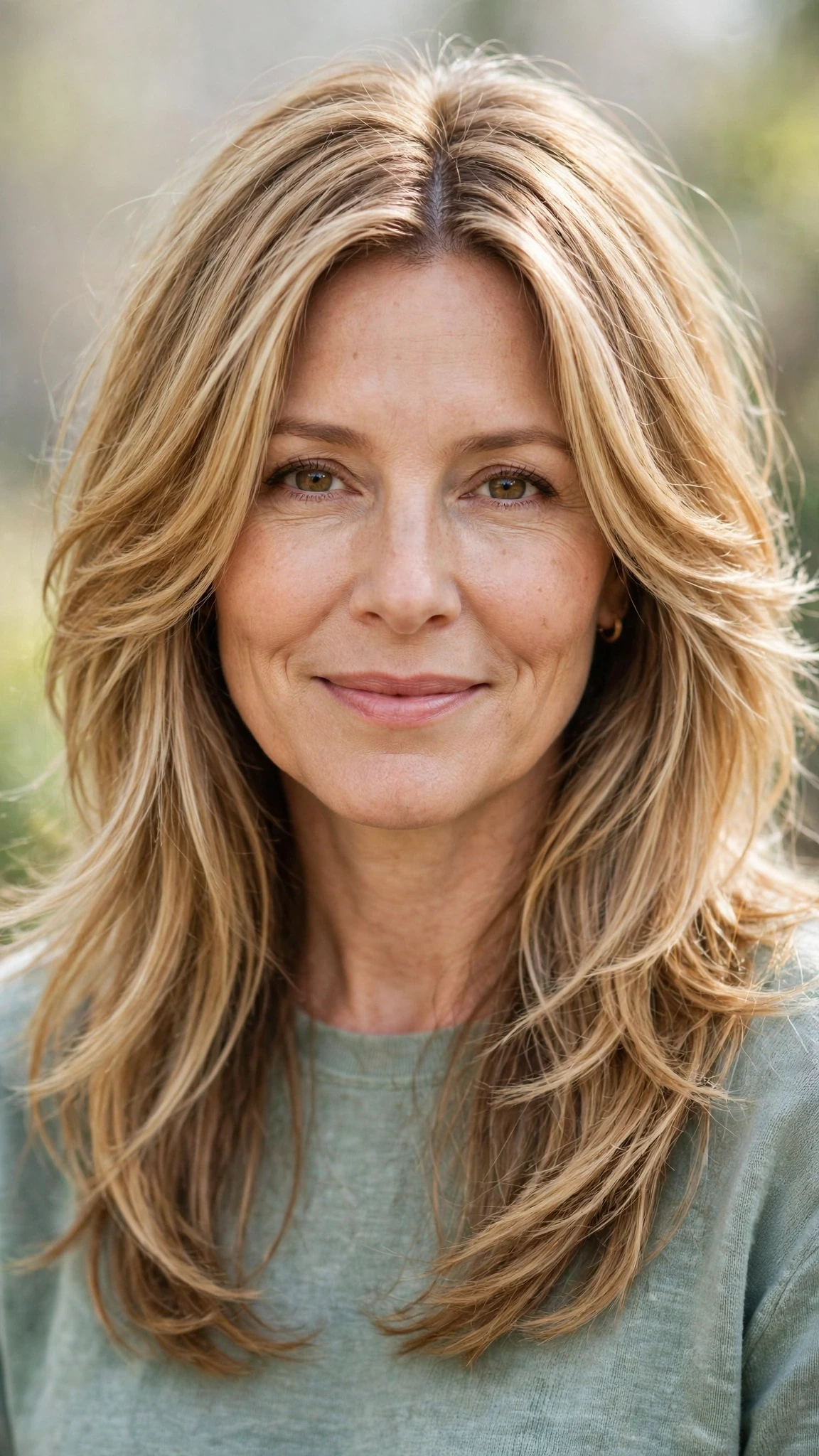 Long Layered Hairstyles For Spring With A Centre Part With Gentle Tousled Texture, A Layered Shape That Moves And Honey Blonde Shine
