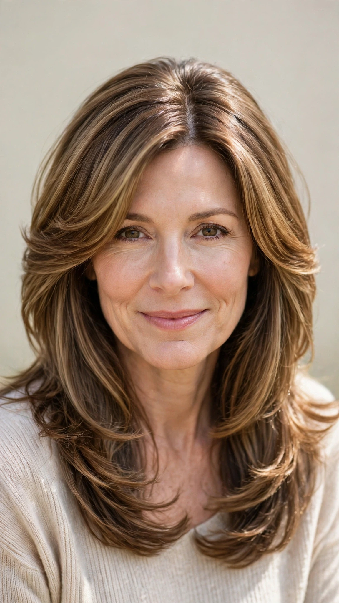 Long Layered Hairstyles For Spring With A Centre Part With Bouncy Volume At The Roots, A Soft Side-Swept Fringe And A Glossy Shine Finish