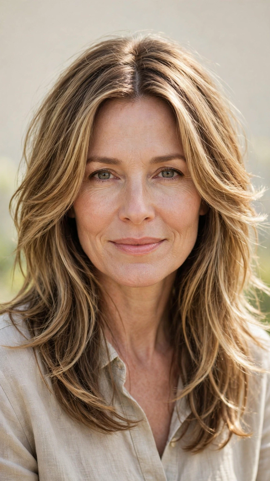 Long Layered Hairstyles For Spring With A Centre Part With Gentle Tousled Texture, Feathered Ends And Soft Golden Pieces