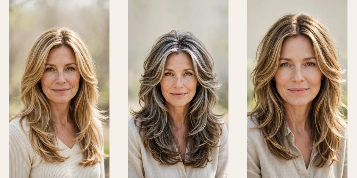 22 long layered hairstyles for women over 40 for spring with a centre part