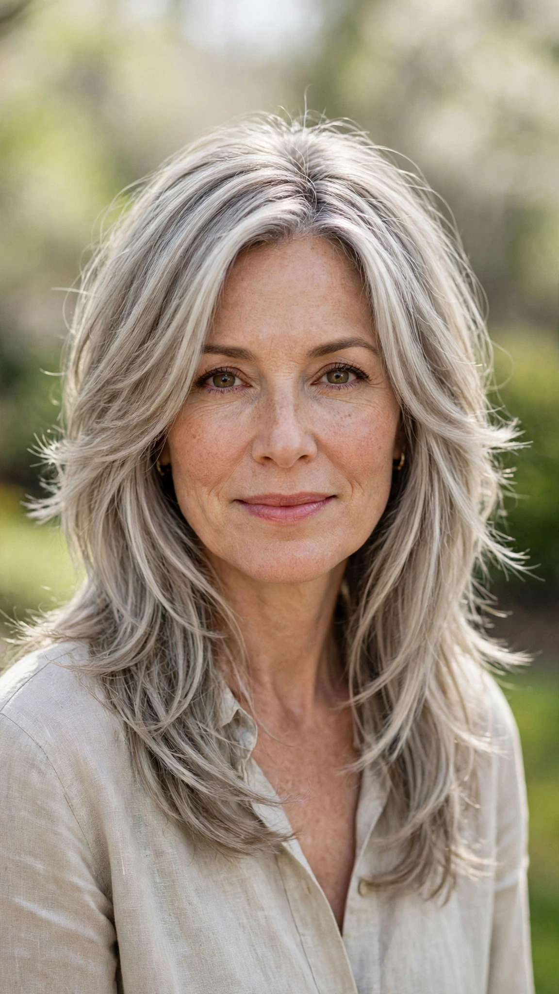 Long Layered Hairstyles For Spring With Face Framing Pieces With Gentle Tousled Texture, Feathered Ends And Cool Ash Softness