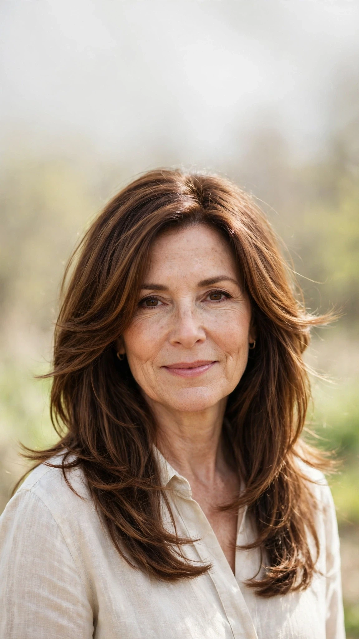 Long Layered Hairstyles For Spring With Face Framing Pieces With Delicate Natural Movement, Blunt Ends With Soft Layers And Warm Chestnut Warmth