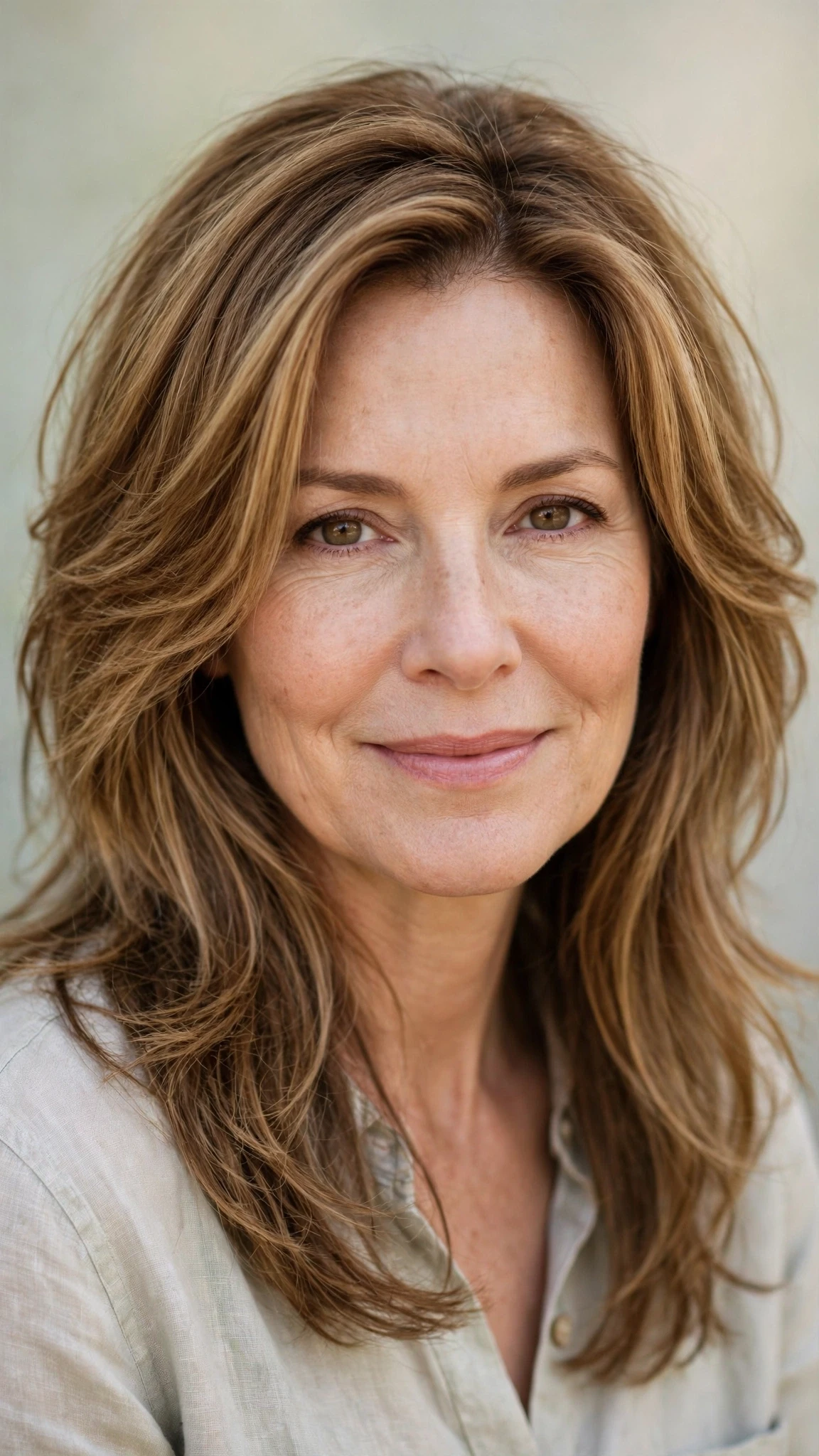 Long Layered Hairstyles For Spring With Face Framing Pieces With Gentle Tousled Texture, A Deep Side Part And Warm Caramel Tones