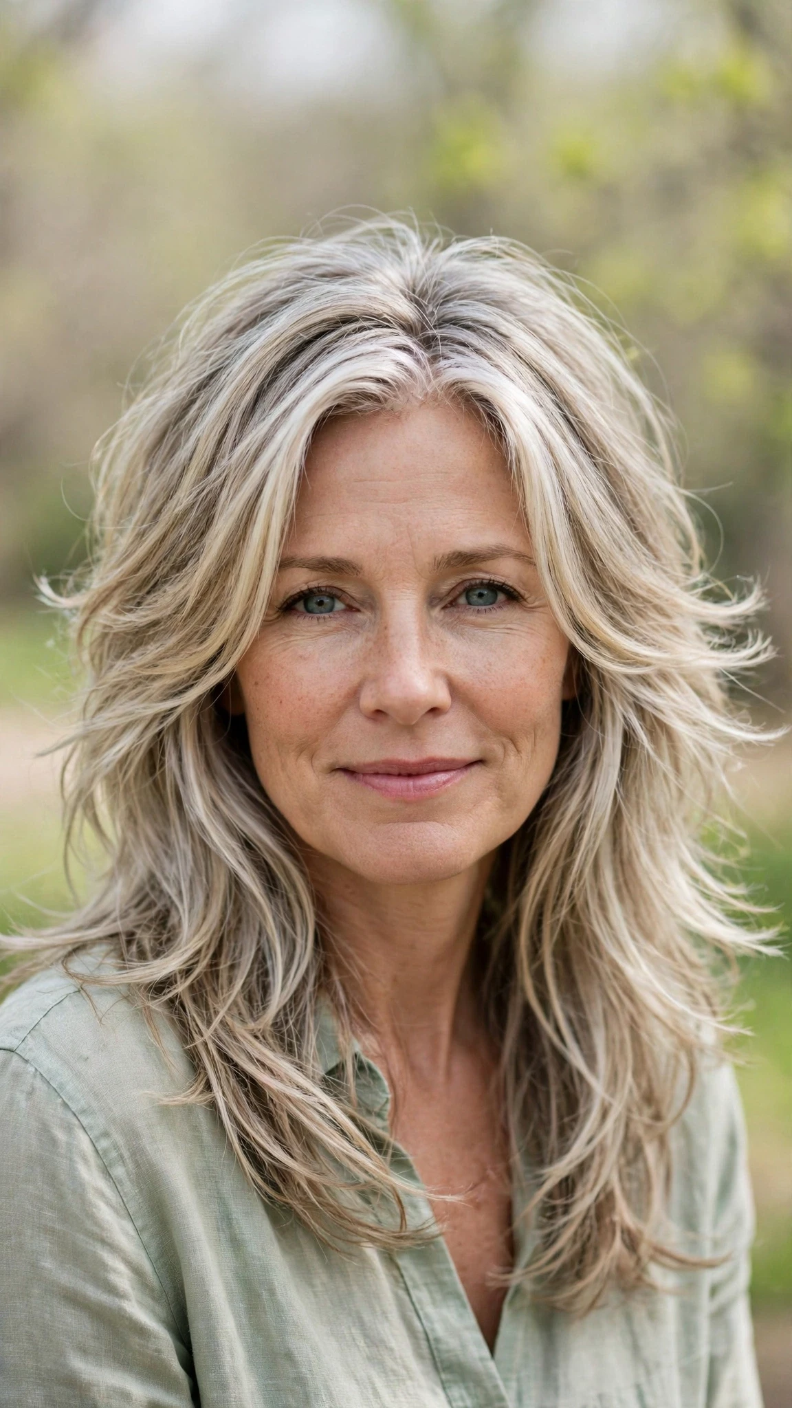 Long Layered Hairstyles For Spring With Face Framing Pieces With Gentle Tousled Texture, A Layered Shape That Moves And Silver-Blended Brightness