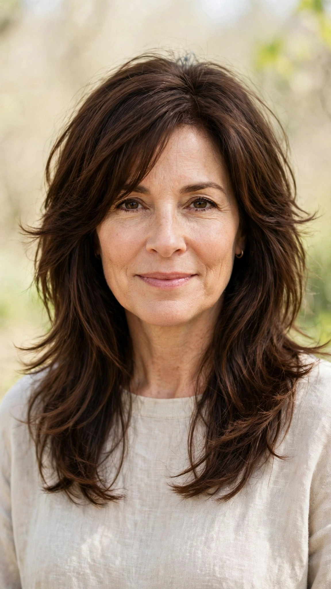 Long Layered Hairstyles For Spring With Face Framing Pieces With Gentle Tousled Texture, Feathered Ends And Rich Chocolate Depth