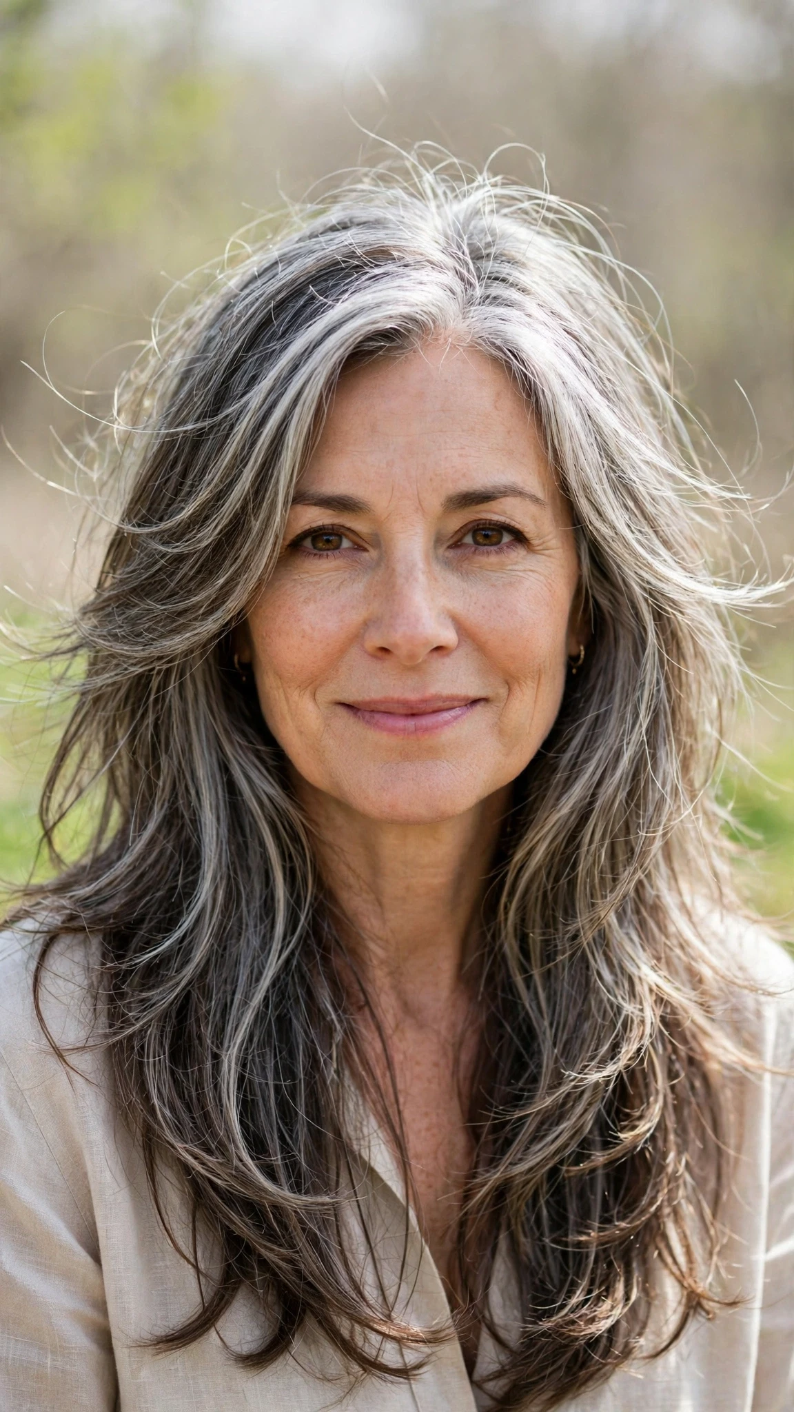 Long Layered Hairstyles For Spring With Face Framing Pieces With Airy Feathered Movement, Wispy Pieces Around The Face And Silver-Blended Brightness