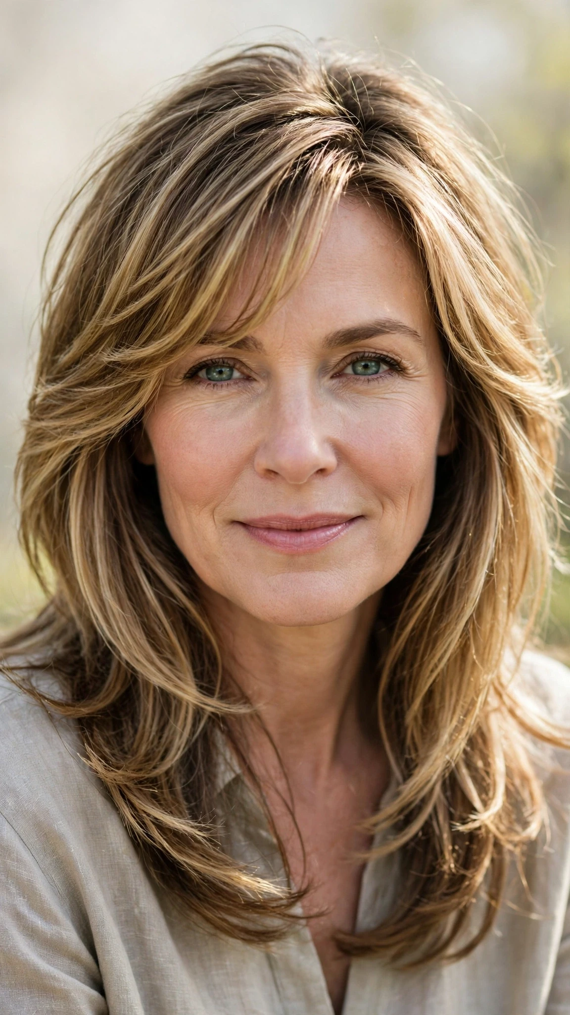 Long Layered Spring Hairstyles With Highlights And Shine With Gentle Tousled Texture, A Soft Side-Swept Fringe And Soft Golden Pieces