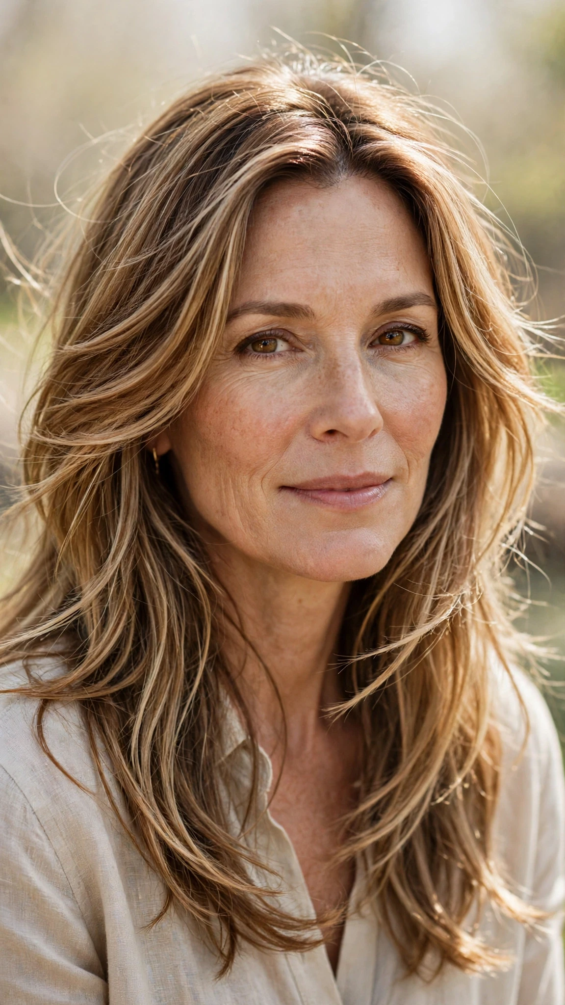 Long Layered Spring Hairstyles With Highlights And Shine With Delicate Natural Movement, Wispy Pieces Around The Face And Warm Caramel Tones