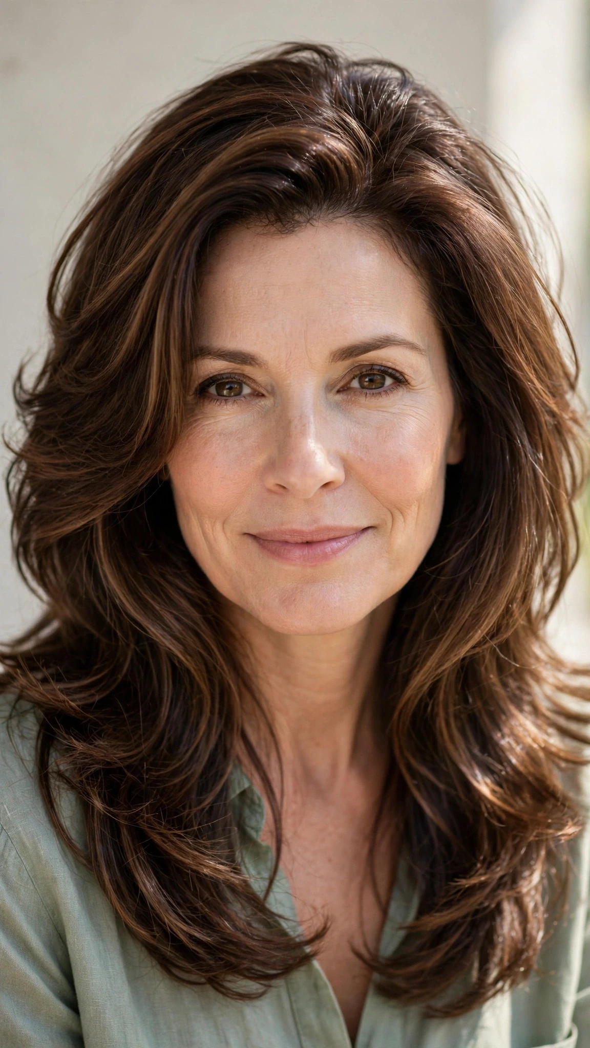 Long Layered Spring Hairstyles With Highlights And Shine With Bouncy Volume At The Roots, A Deep Side Part And Rich Chocolate Depth