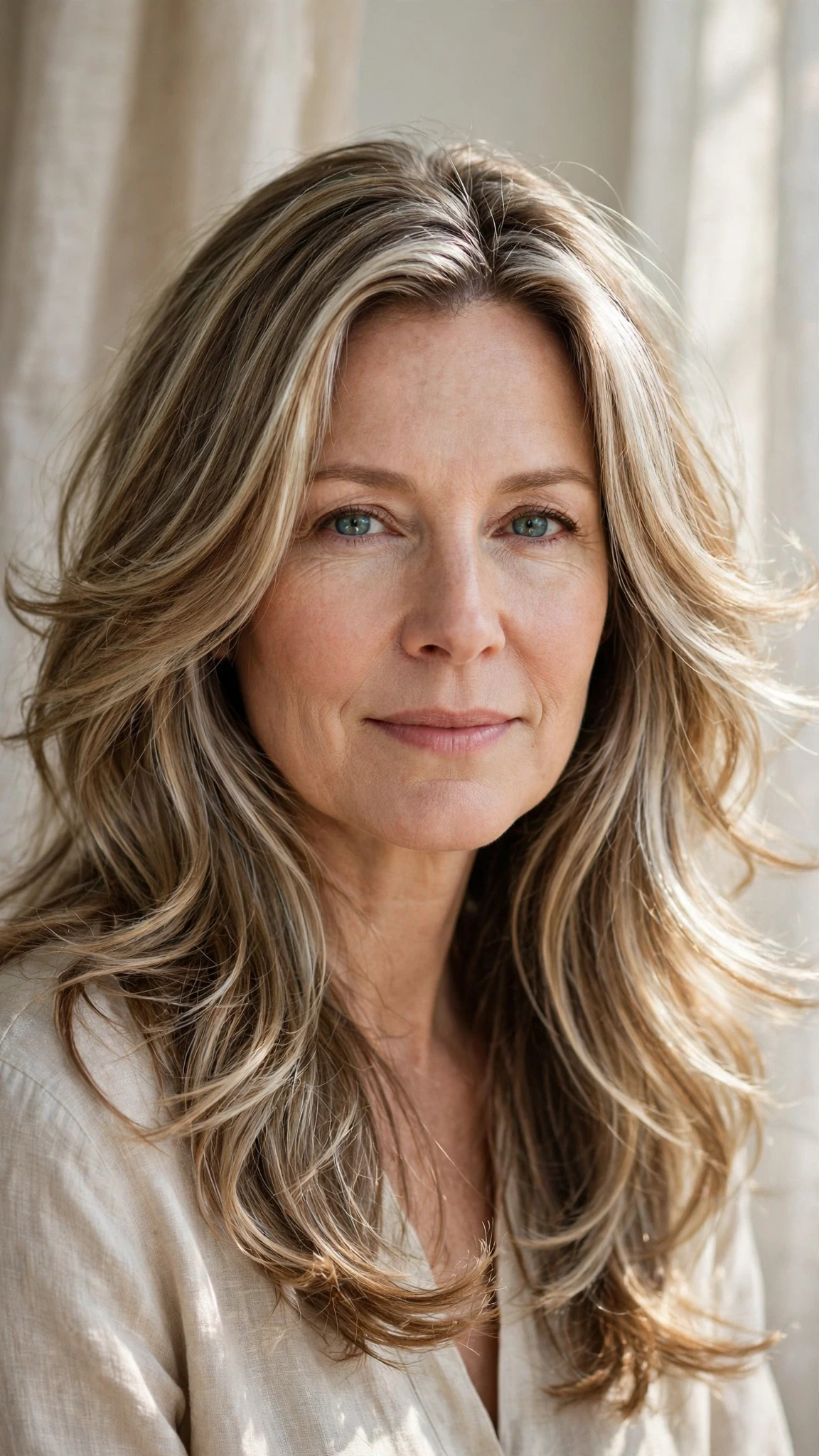 Long Layered Spring Hairstyles With Highlights And Shine With Delicate Natural Movement, Curtain Pieces And Silver-Blended Brightness