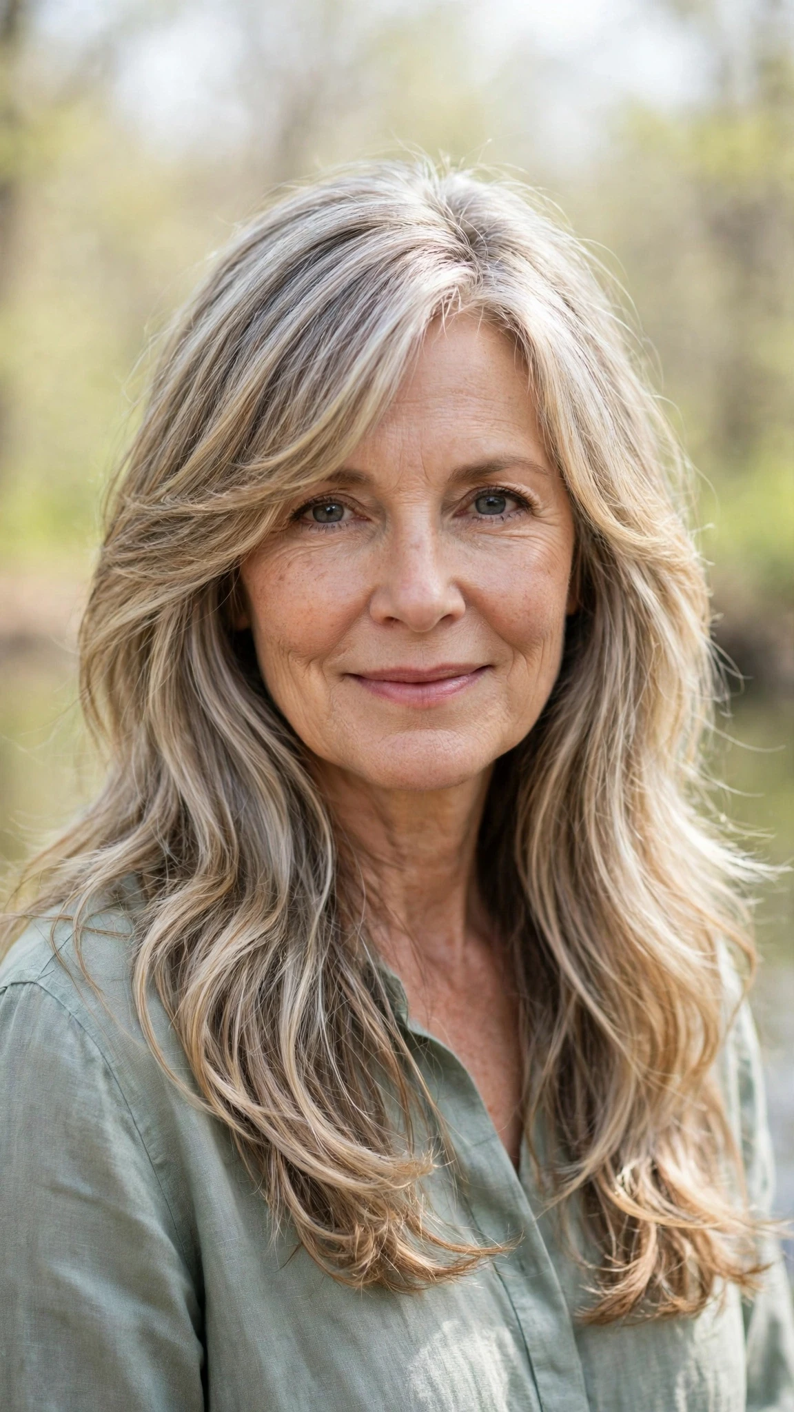 Long Layered Spring Hairstyles With Highlights And Shine With Gentle Tousled Texture, A Soft Side-Swept Fringe And Silver-Blended Brightness
