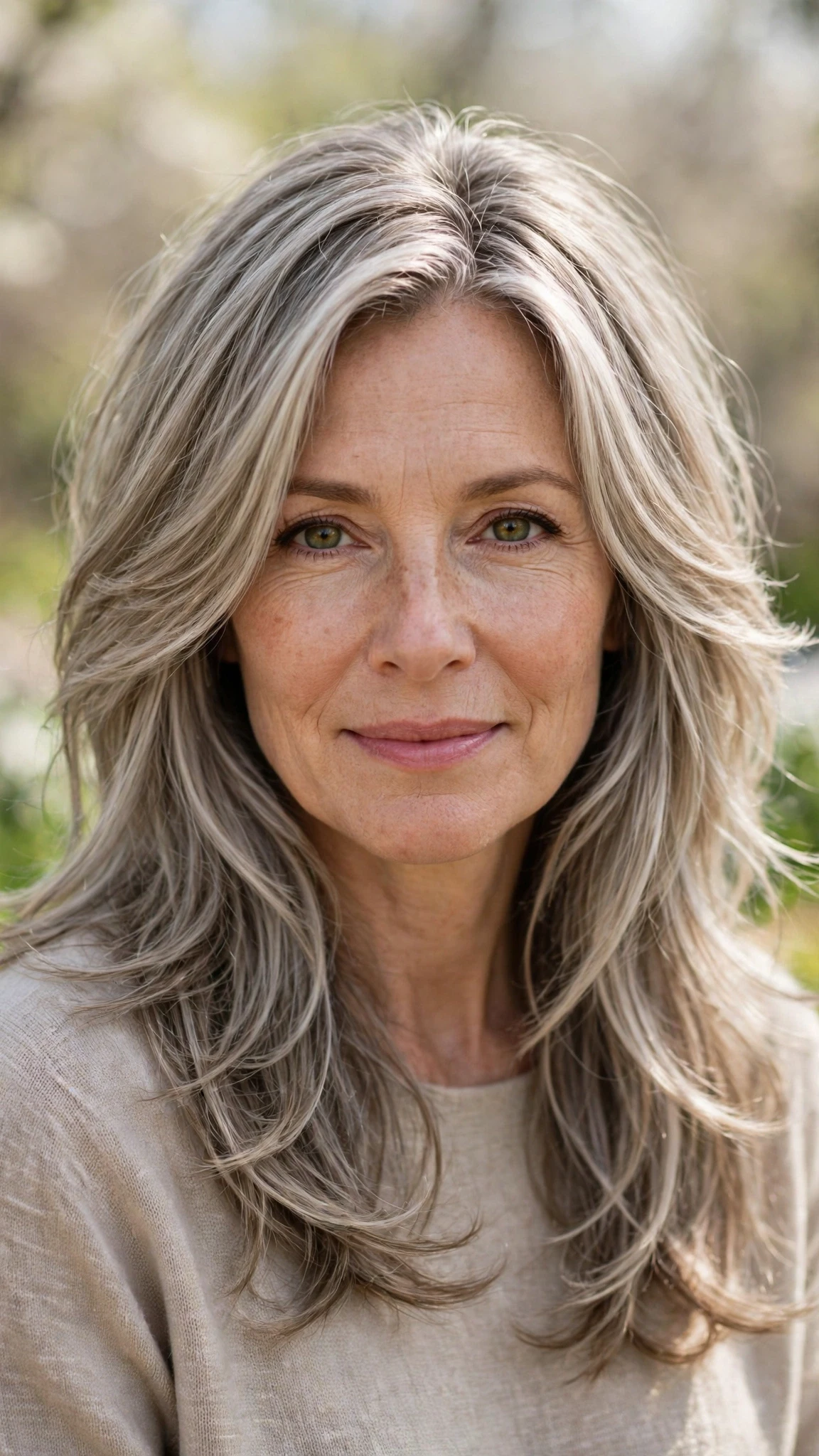 Long Layered Spring Hairstyles With Highlights And Shine With Gentle Tousled Texture, Face-Framing Layers And Cool Ash Softness