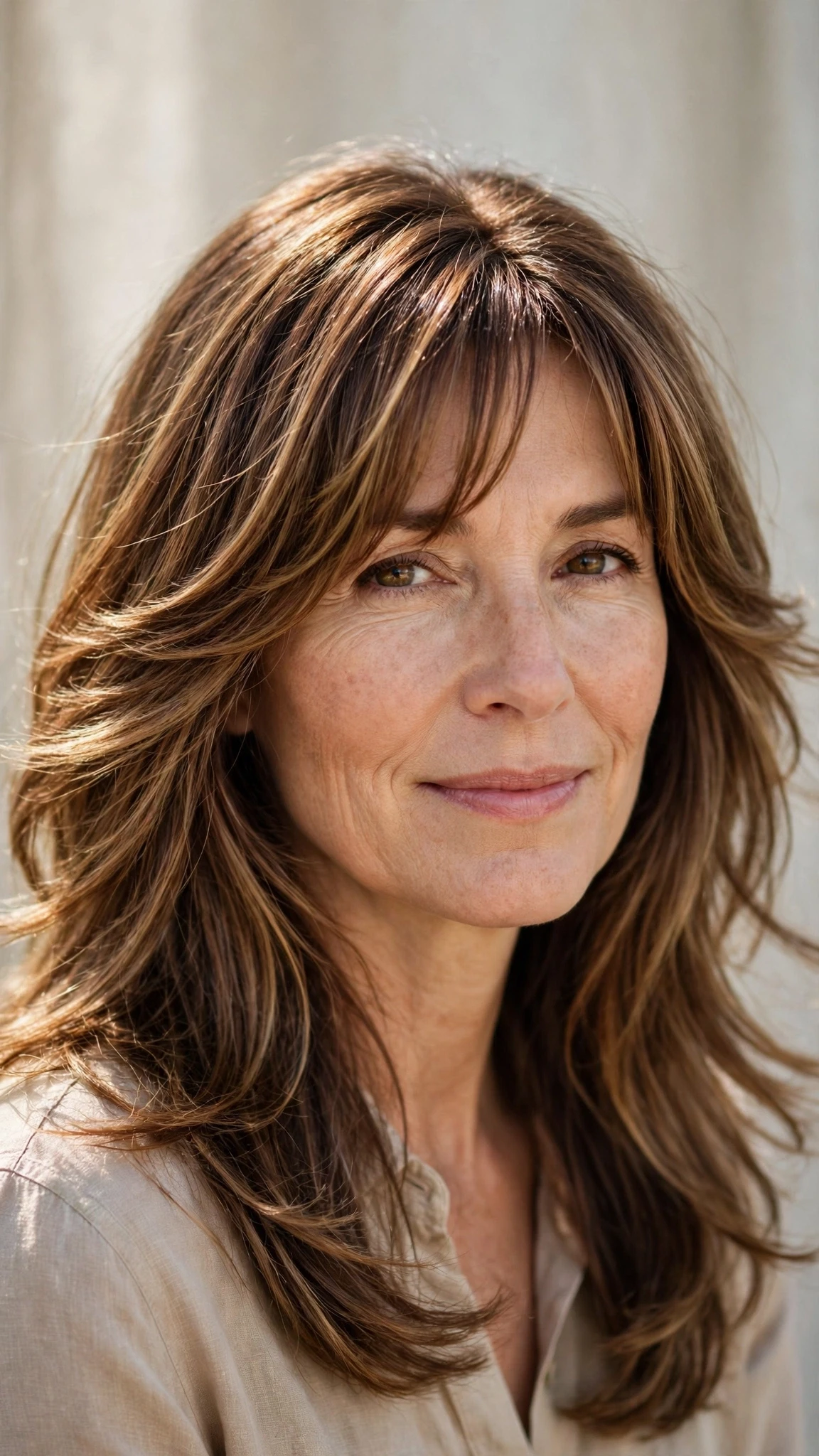 Long Layered Spring Hairstyles With Highlights And Shine With Delicate Natural Movement, Curtain Pieces And Warm Chestnut Warmth
