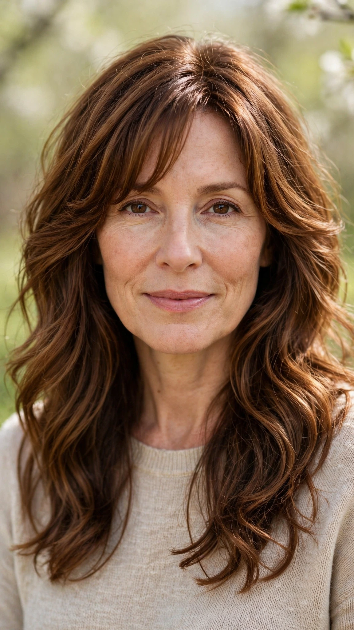 Long Layered Spring Hairstyles With Wavy Ends With A Relaxed Lived-In Wave, Curtain Pieces And Warm Chestnut Warmth