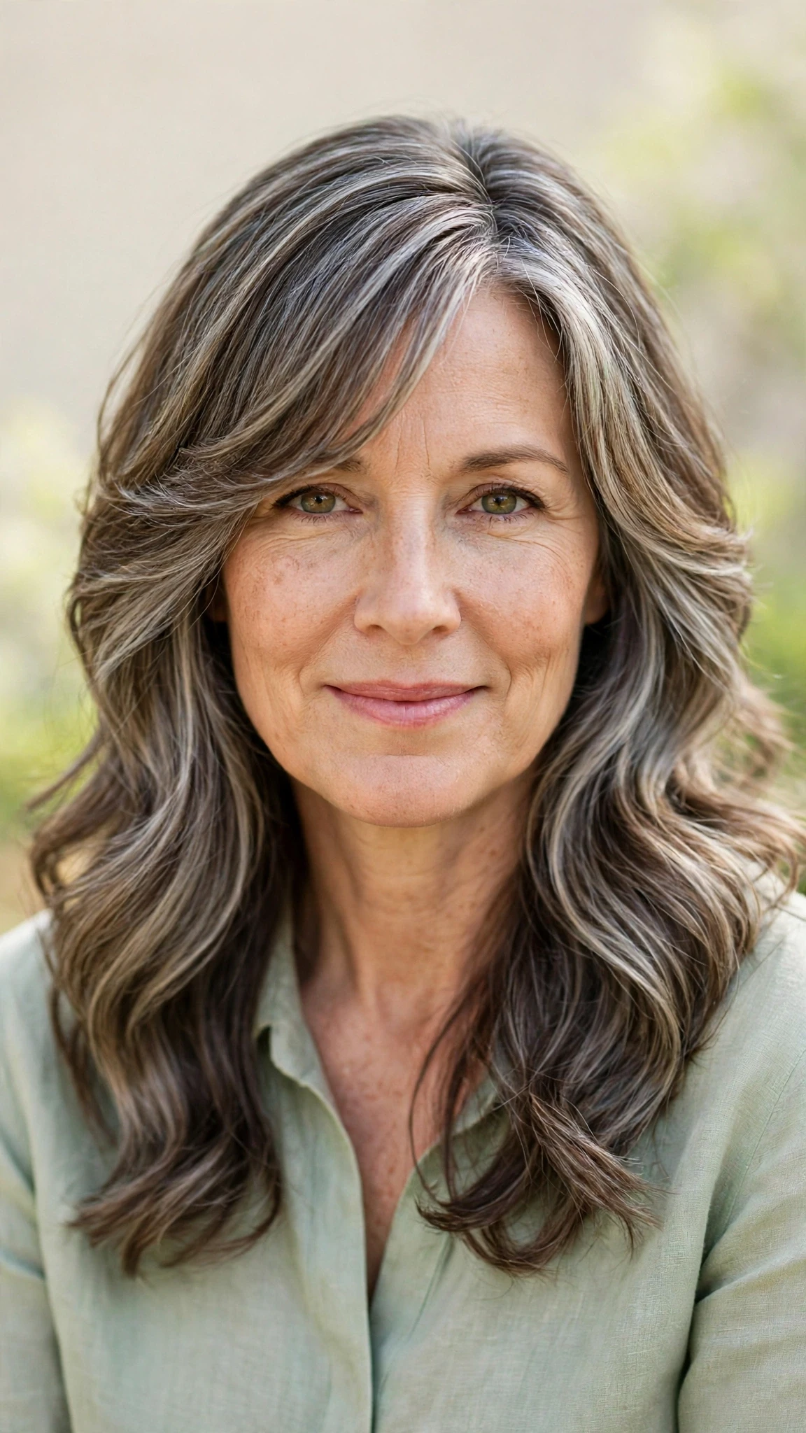 Long Layered Spring Hairstyles With Wavy Ends With Soft Waves, A Soft Side-Swept Fringe And Silver-Blended Brightness