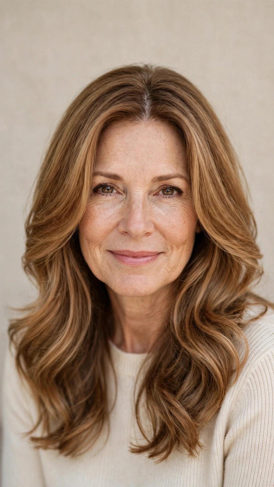 Long Layered Spring Hairstyles With Wavy Ends With A Polished Blowout, A Centre Part With Soft Layers And Warm Caramel Tones