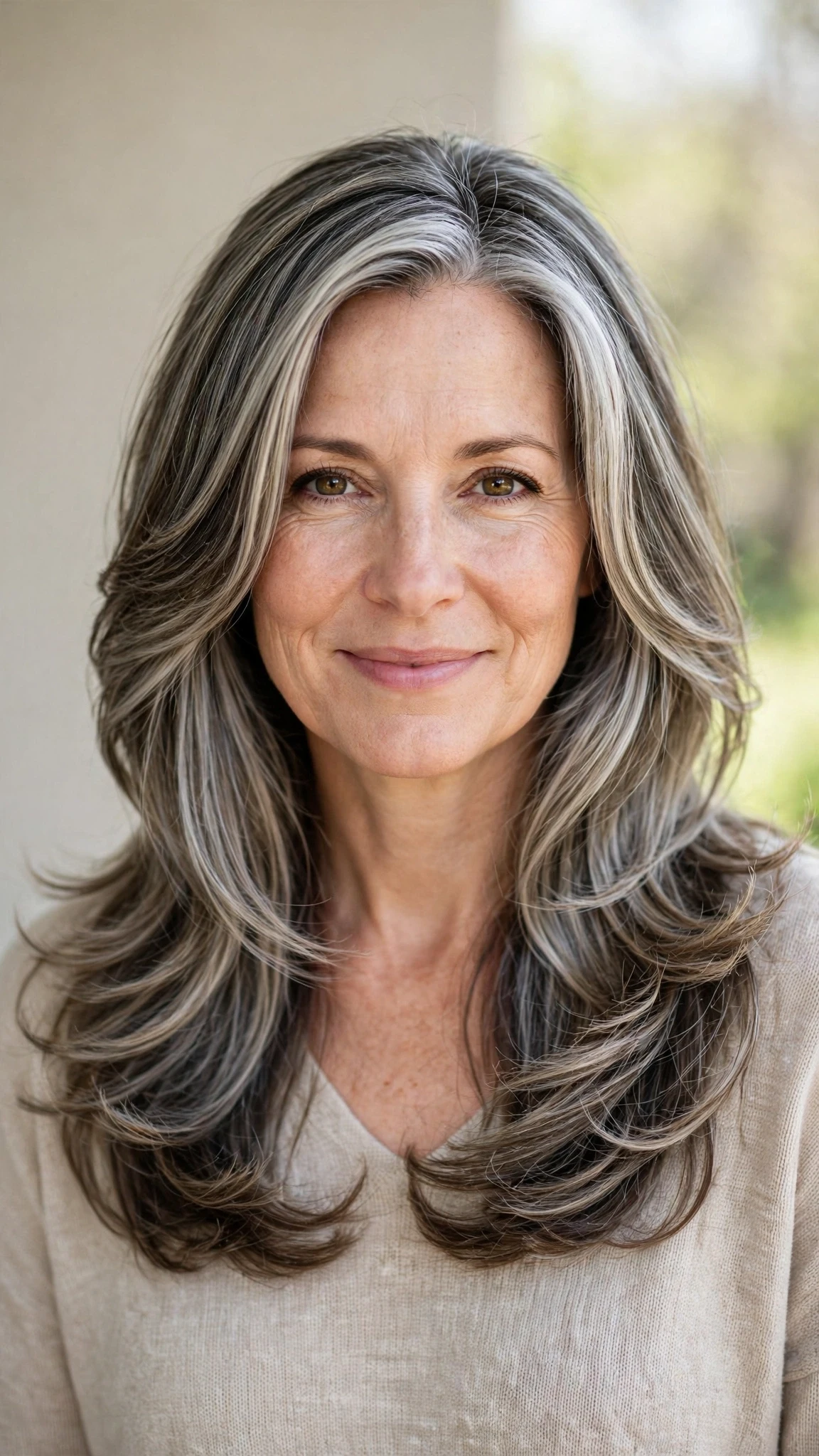 Long Layered Spring Hairstyles With Wavy Ends With A Polished Blowout, Blunt Ends With Soft Layers And Silver-Blended Brightness
