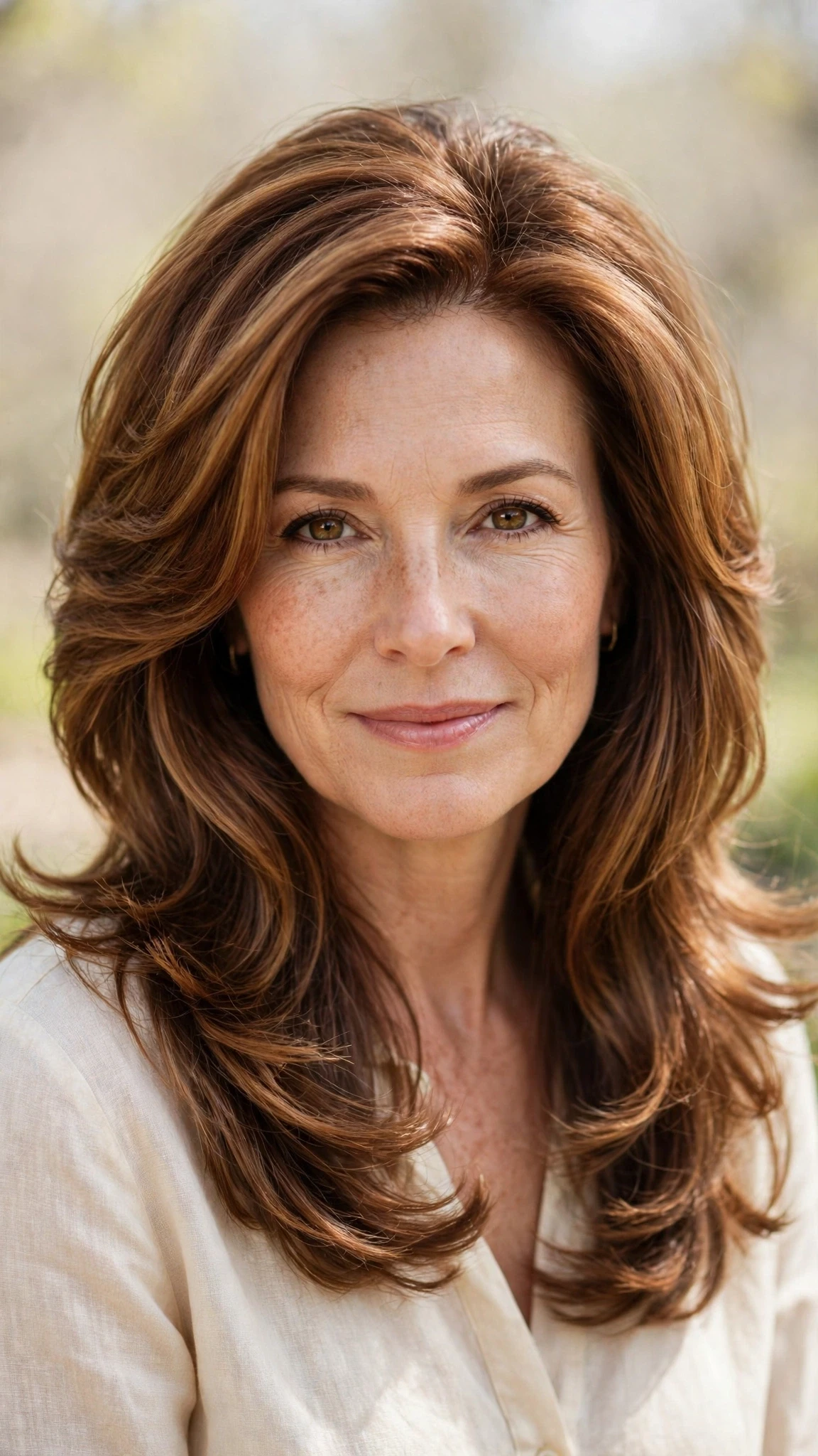 Long Layered Spring Hairstyles With Wavy Ends With A Polished Blowout, Blunt Ends With Soft Layers And Warm Chestnut Warmth