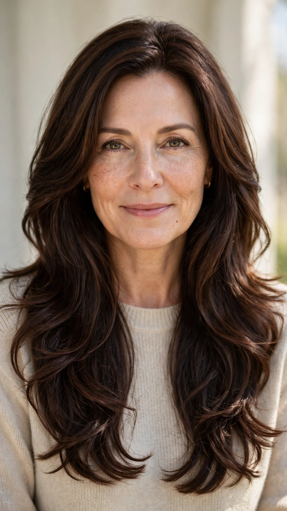 Long Layered Spring Hairstyles With Wavy Ends With Smooth Glossy Lengths, Feathered Ends And Rich Chocolate Depth