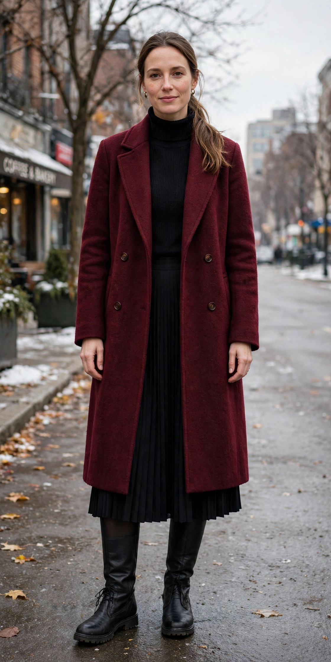 28 Long Wool Coat Outfits With Boots for Cold Walks That Are Chic, Warm and Elegant 5 Long Burgundy Wool Coat With Black Boots and a Midi Skirt