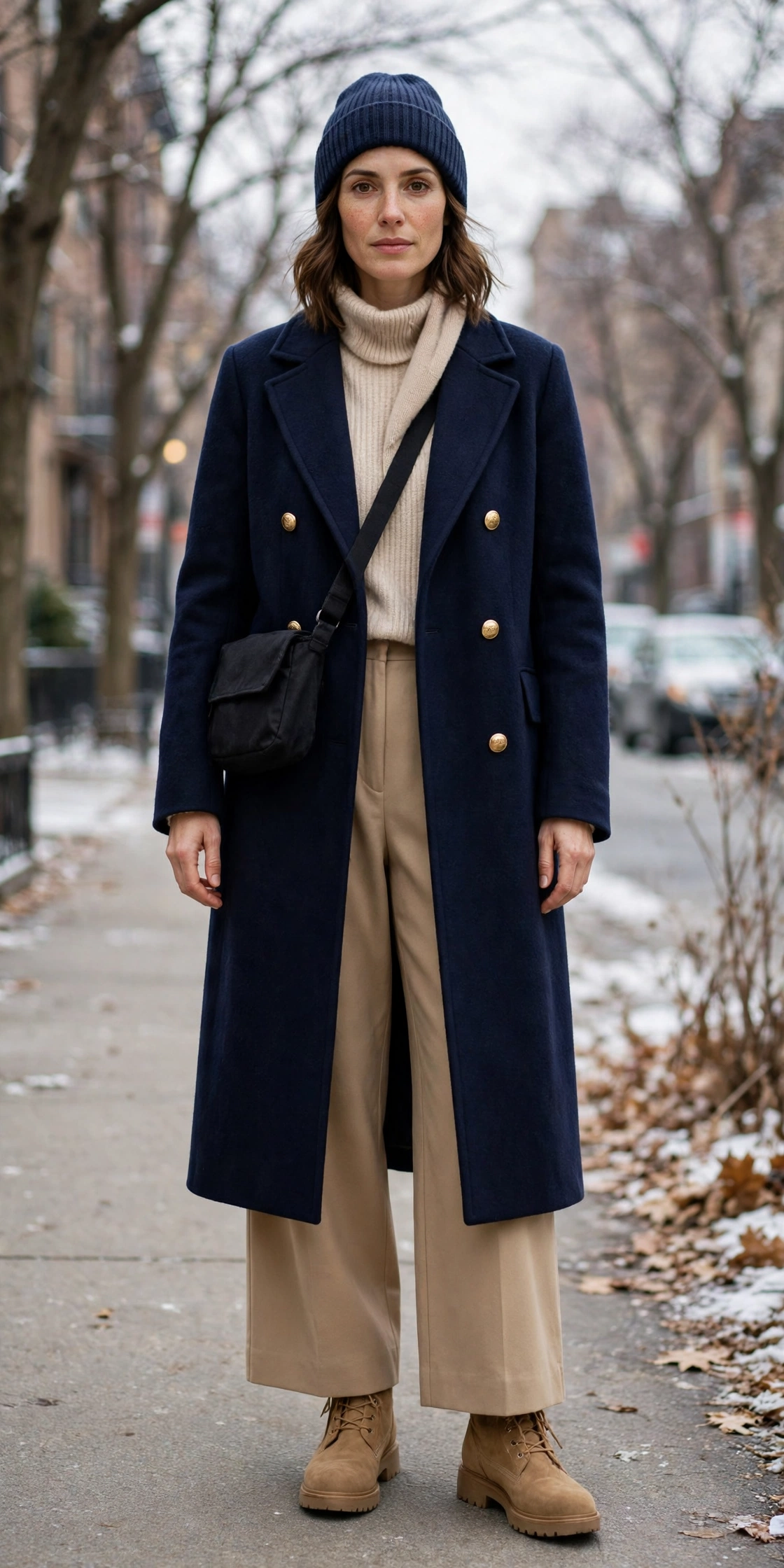 28 Long Wool Coat Outfits With Boots for Cold Walks That Are Chic, Warm and Elegant 6 Long Navy Wool Coat With Tan Boots and Wide-Leg Trousers