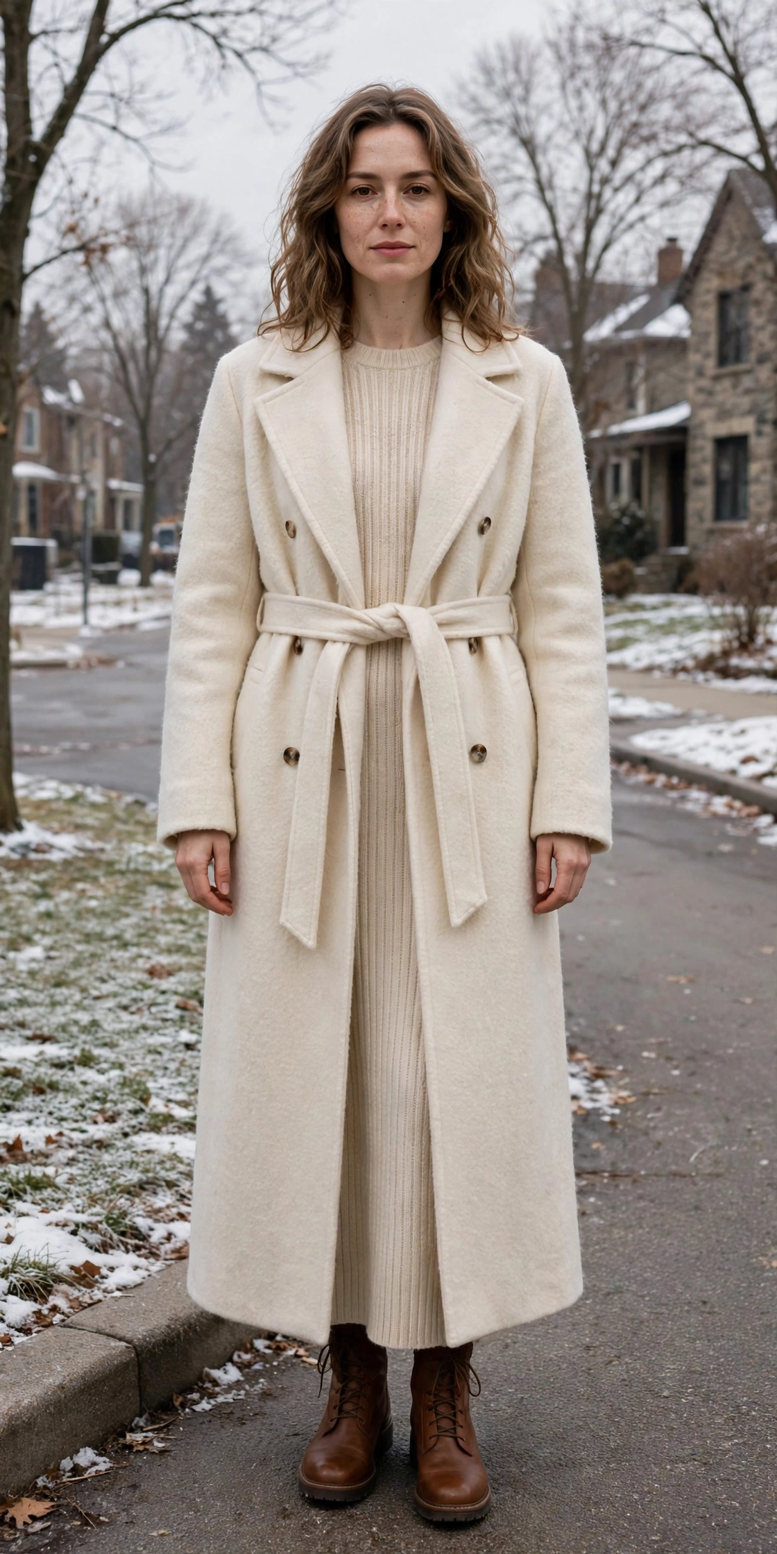 28 Long Wool Coat Outfits With Boots for Cold Walks That Are Chic, Warm and Elegant 7 Long Cream Wool Coat With Brown Boots and a Knit Dress