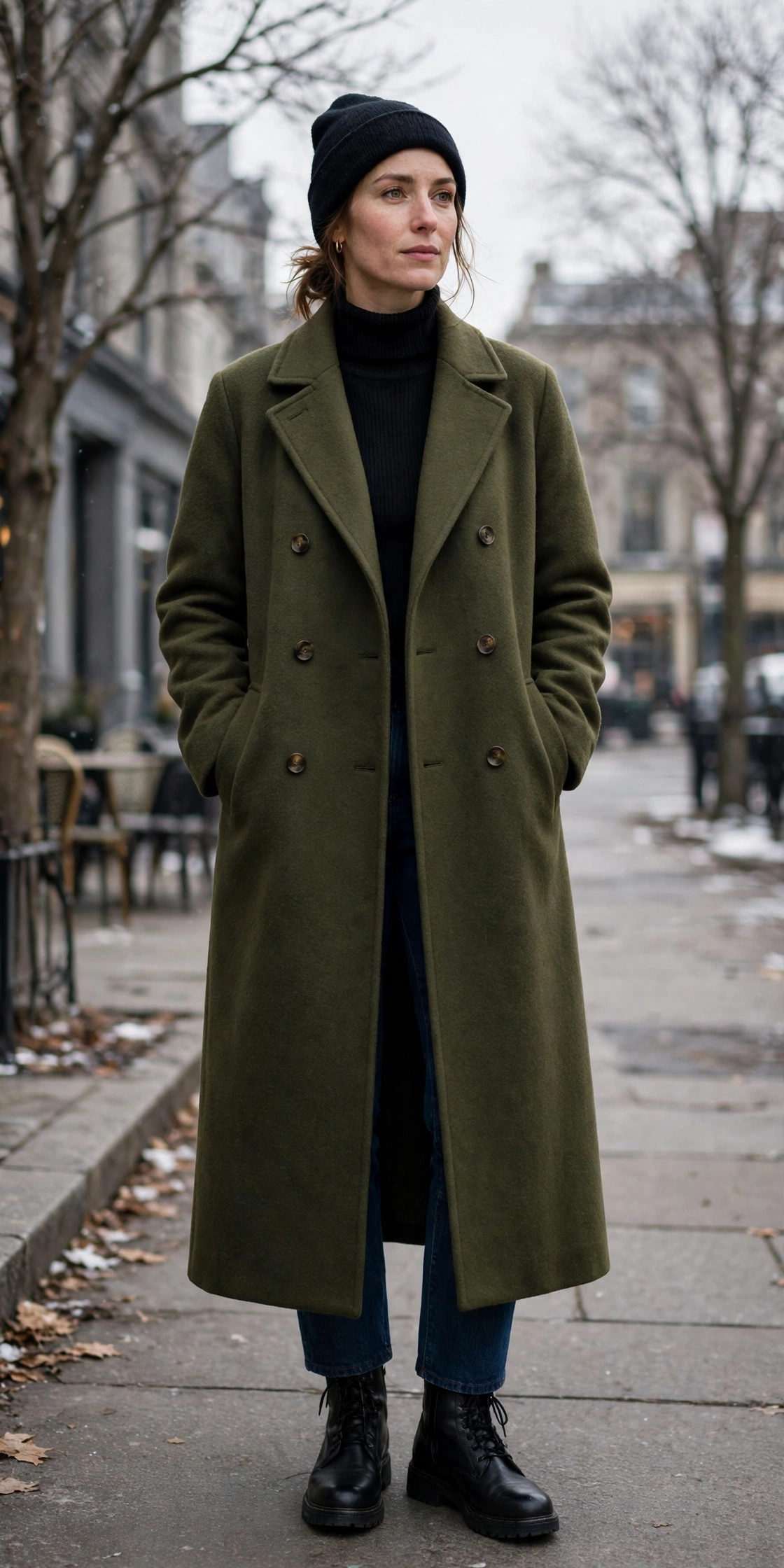 28 Long Wool Coat Outfits With Boots for Cold Walks That Are Chic, Warm and Elegant 8 Long Olive Wool Coat With Black Boots and Jeans