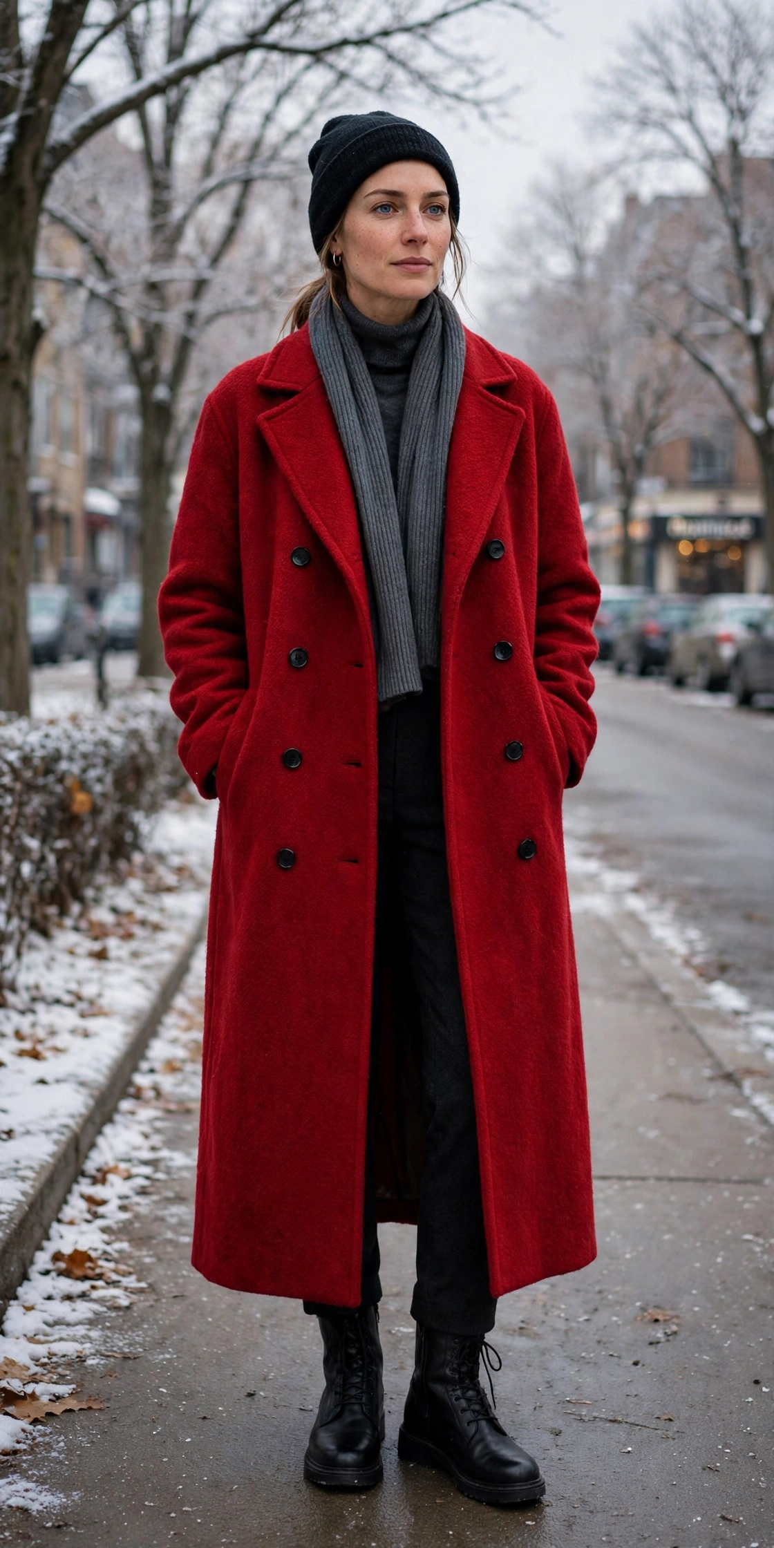 28 Long Wool Coat Outfits With Boots for Cold Walks That Are Chic, Warm and Elegant 9 Long Red Wool Coat With Black Boots and Black Trousers