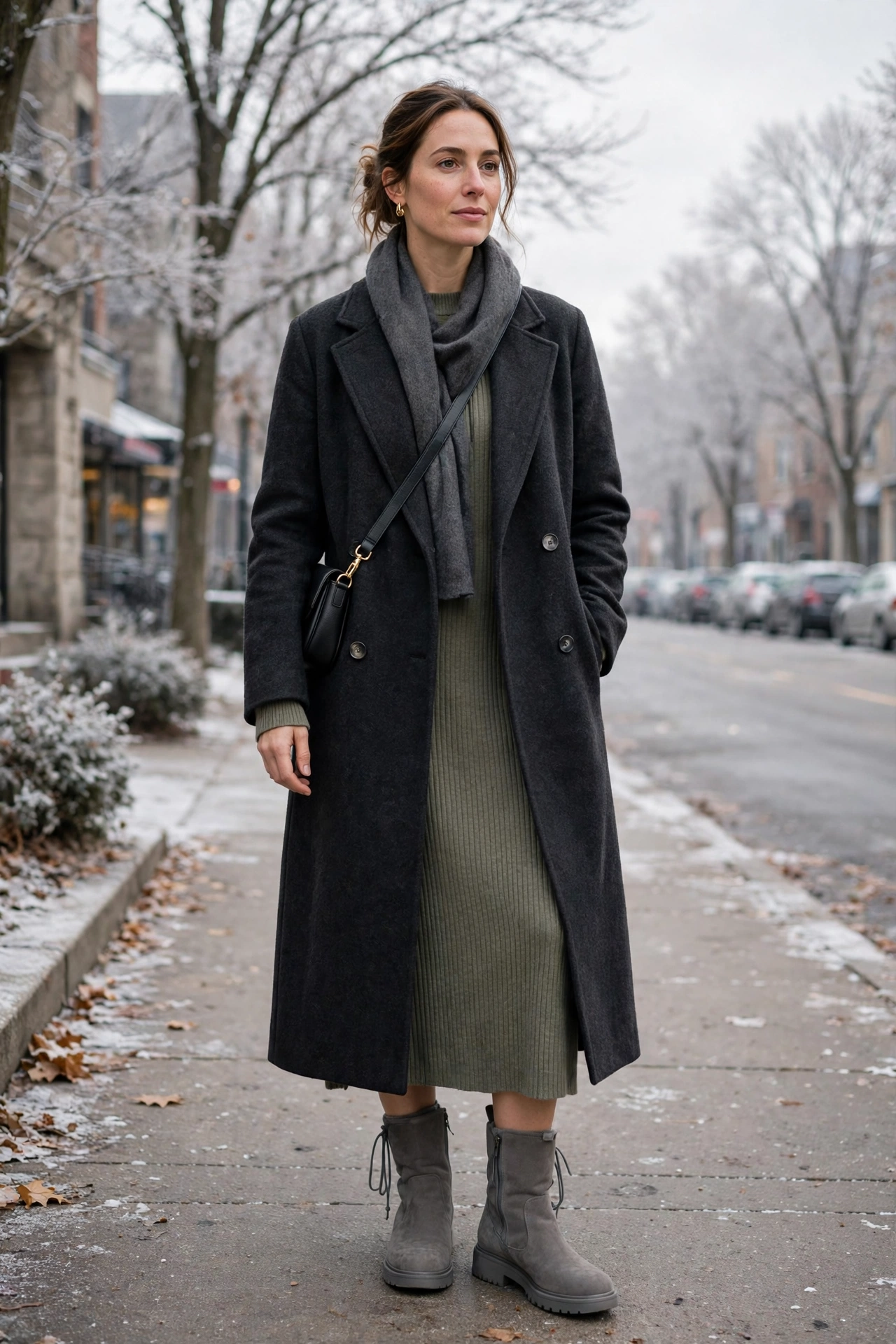 28 Long Wool Coat Outfits With Boots for Cold Walks That Are Chic, Warm and Elegant 11 Long Charcoal Wool Coat With Grey Boots and a Midi Dress