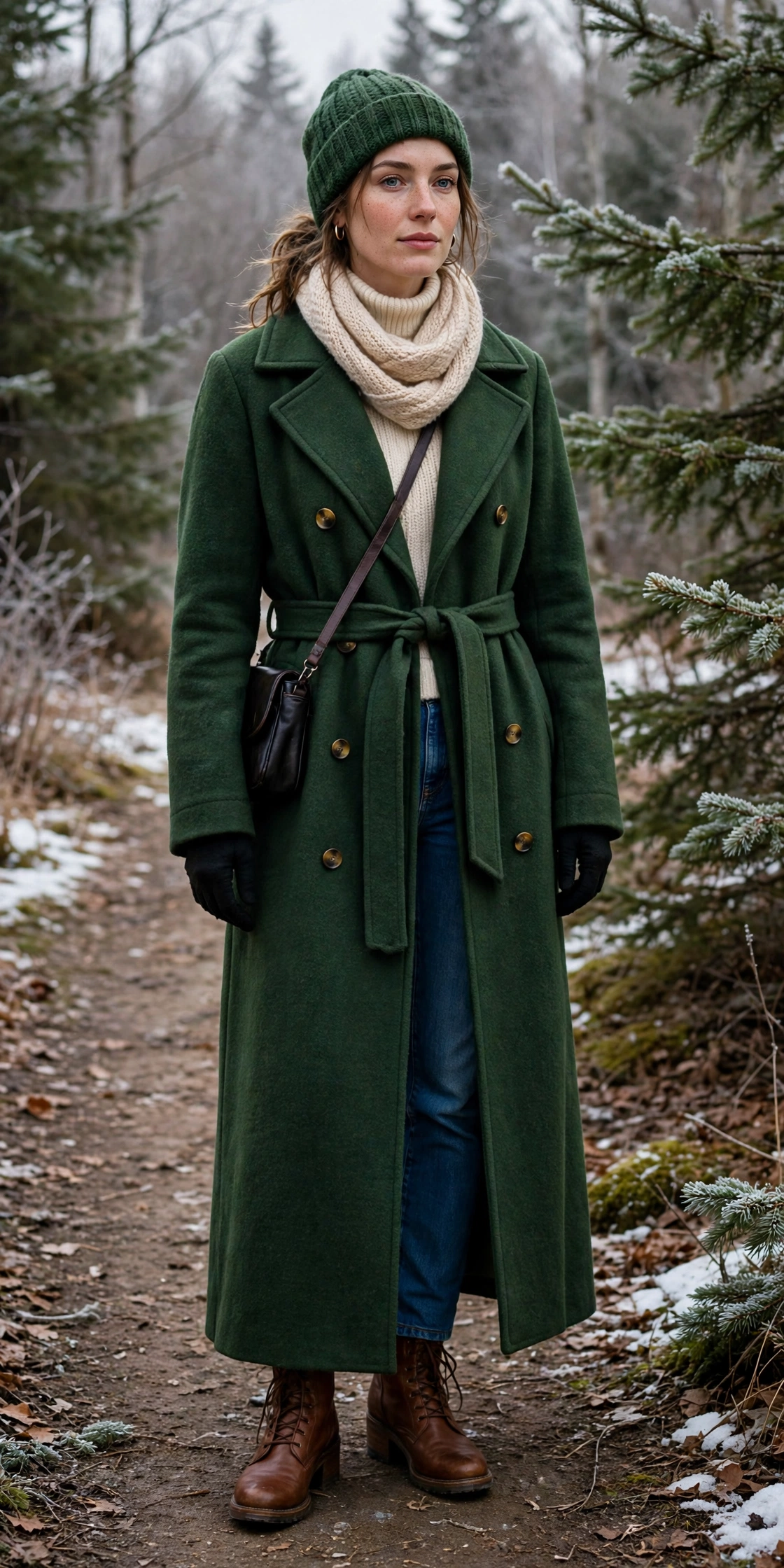 28 Long Wool Coat Outfits With Boots for Cold Walks That Are Chic, Warm and Elegant 12 Long Forest Green Wool Coat With Brown Boots and Jeans