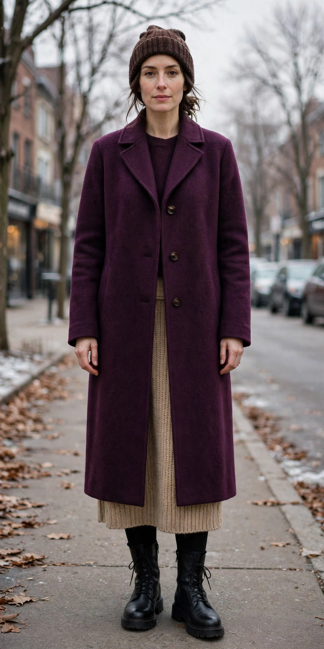 28 Long Wool Coat Outfits With Boots for Cold Walks That Are Chic, Warm and Elegant 13 Long Plum Wool Coat With Black Boots and a Knit Skirt
