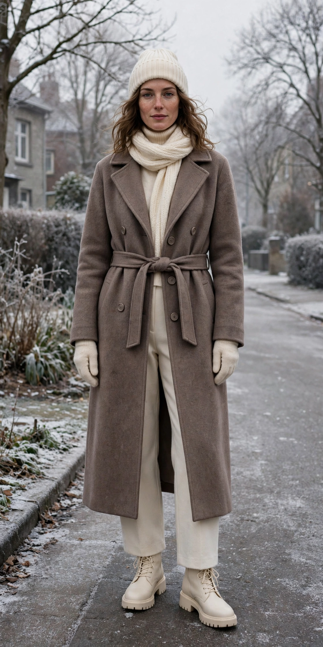 28 Long Wool Coat Outfits With Boots for Cold Walks That Are Chic, Warm and Elegant 14 Long Taupe Wool Coat With Cream Boots and Cream Trousers