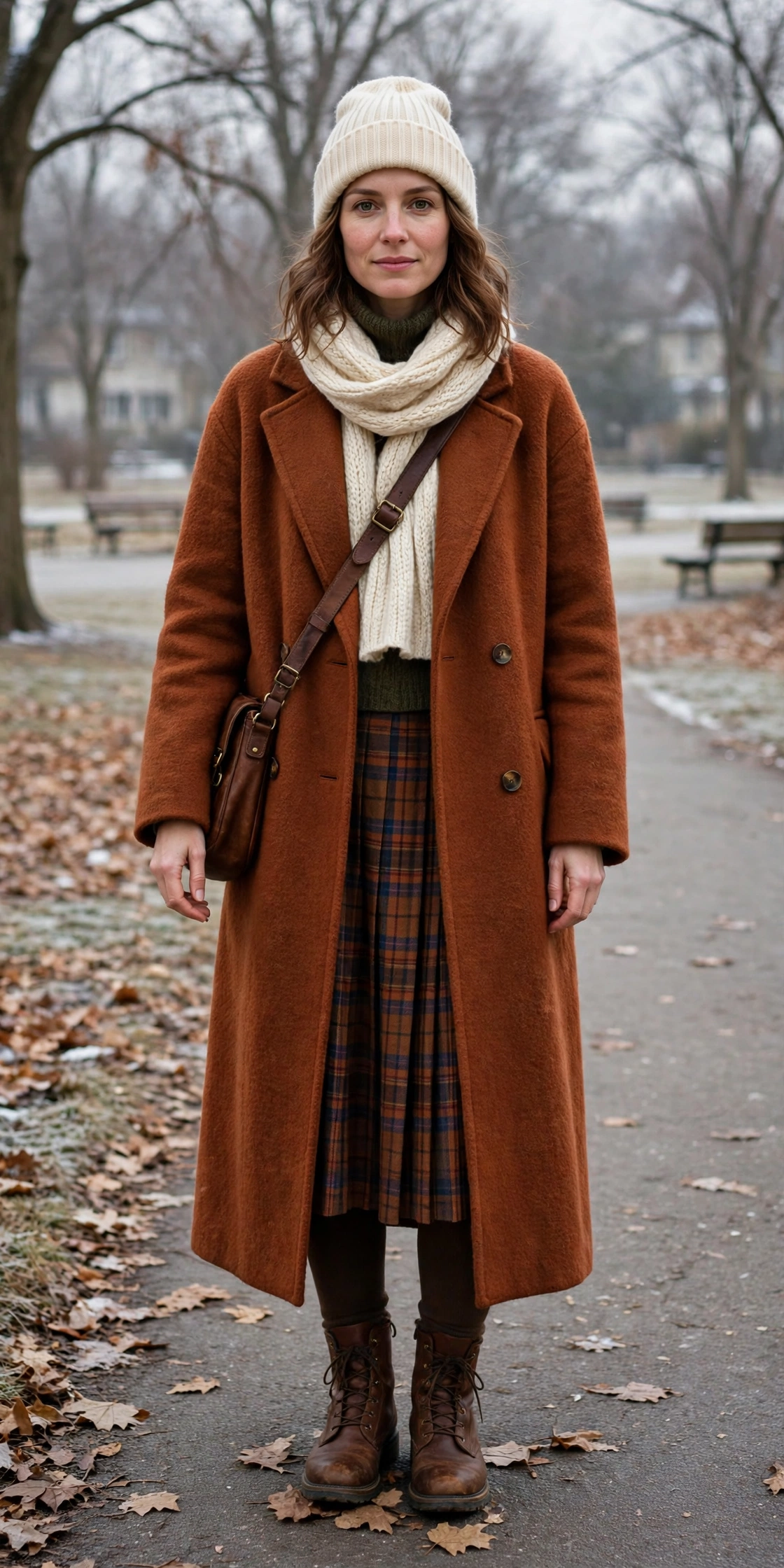 28 Long Wool Coat Outfits With Boots for Cold Walks That Are Chic, Warm and Elegant 16 Long Rust Wool Coat With Brown Boots and a Plaid Skirt