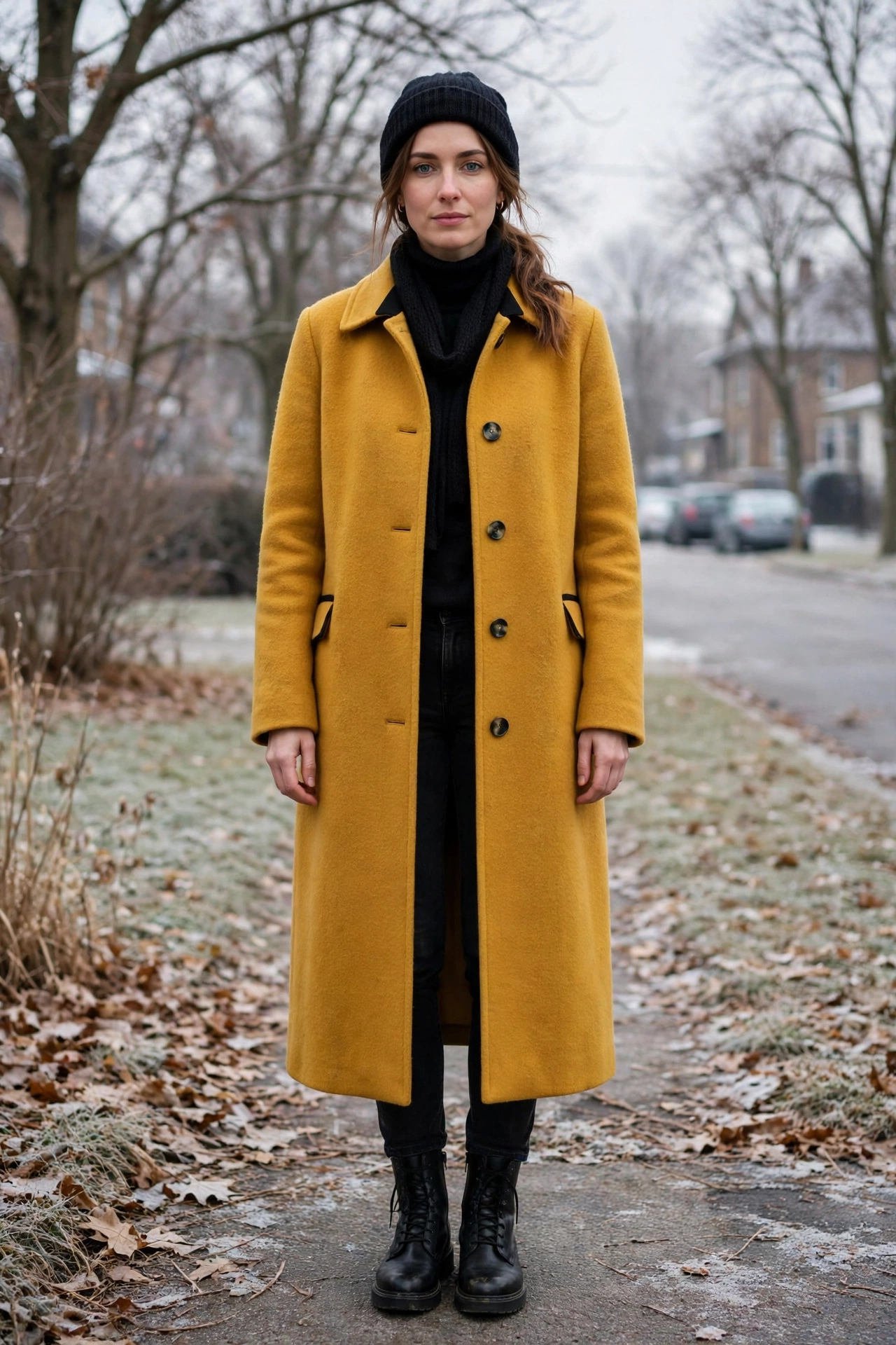 28 Long Wool Coat Outfits With Boots for Cold Walks That Are Chic, Warm and Elegant 17 Long Mustard Wool Coat With Black Boots and Black Jeans
