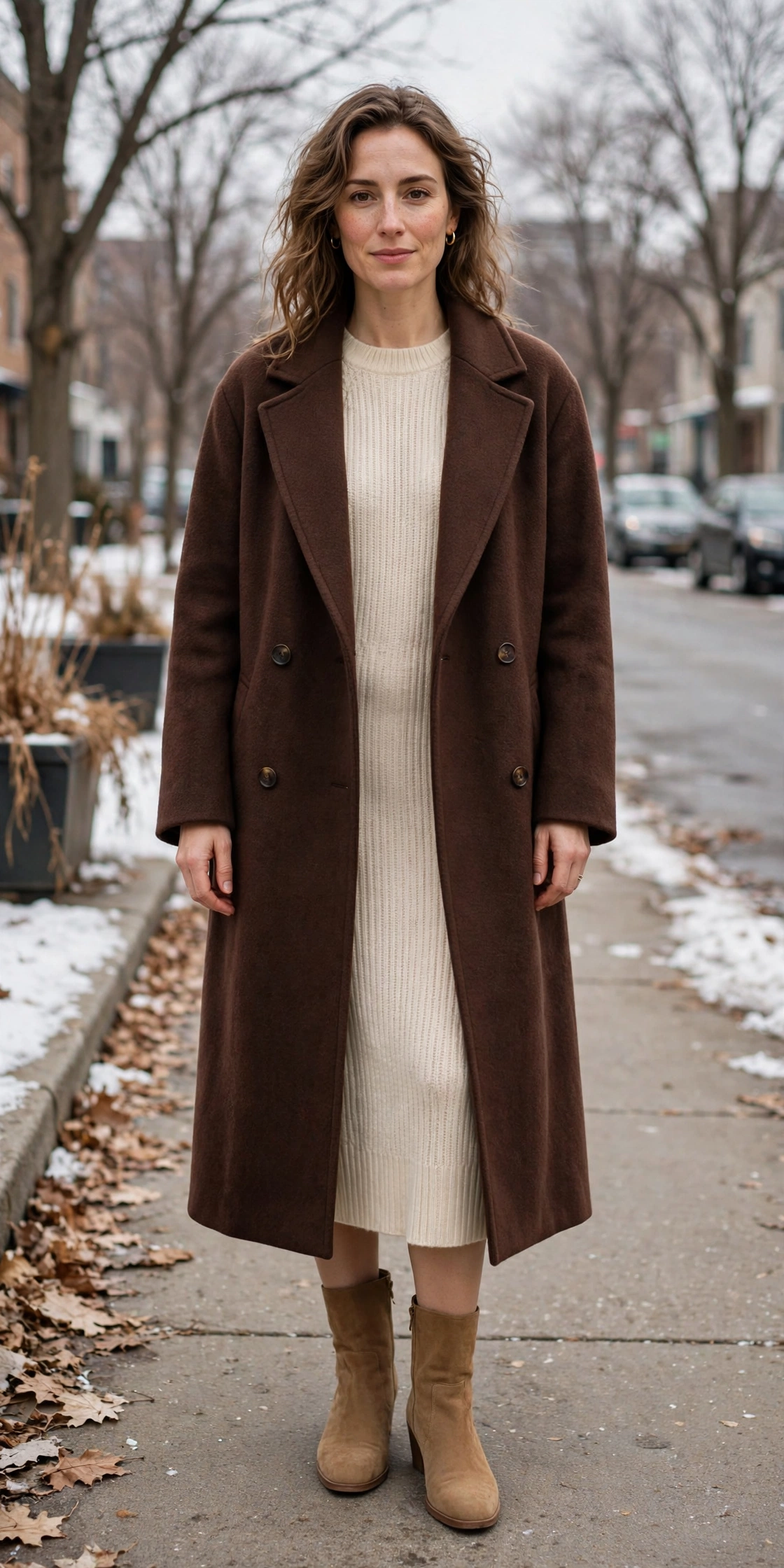 28 Long Wool Coat Outfits With Boots for Cold Walks That Are Chic, Warm and Elegant 19 Long Chocolate Wool Coat With Tan Boots and a Knit Dress