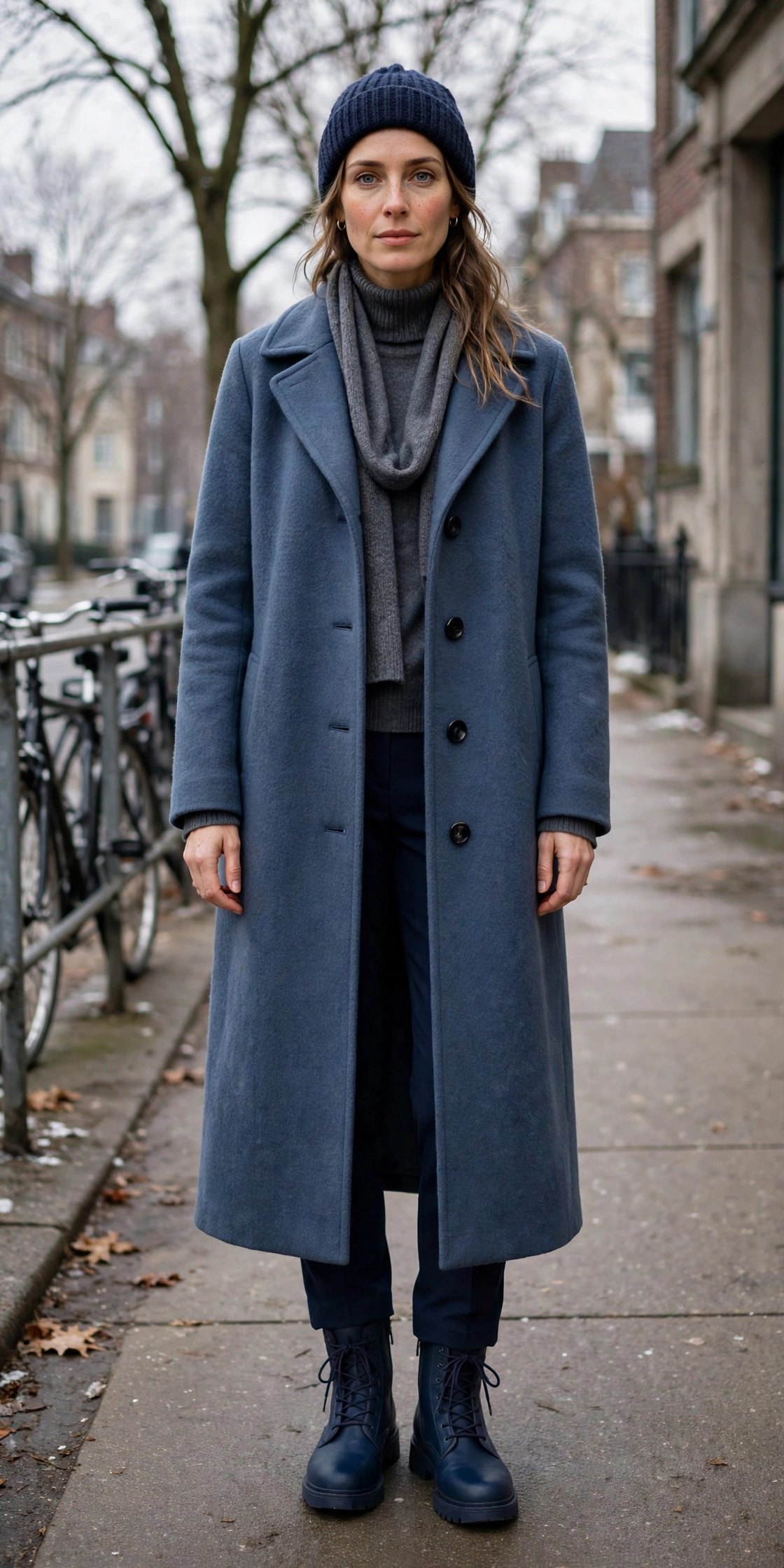 28 Long Wool Coat Outfits With Boots for Cold Walks That Are Chic, Warm and Elegant 20 Long Slate Blue Wool Coat With Navy Boots and Navy Trousers